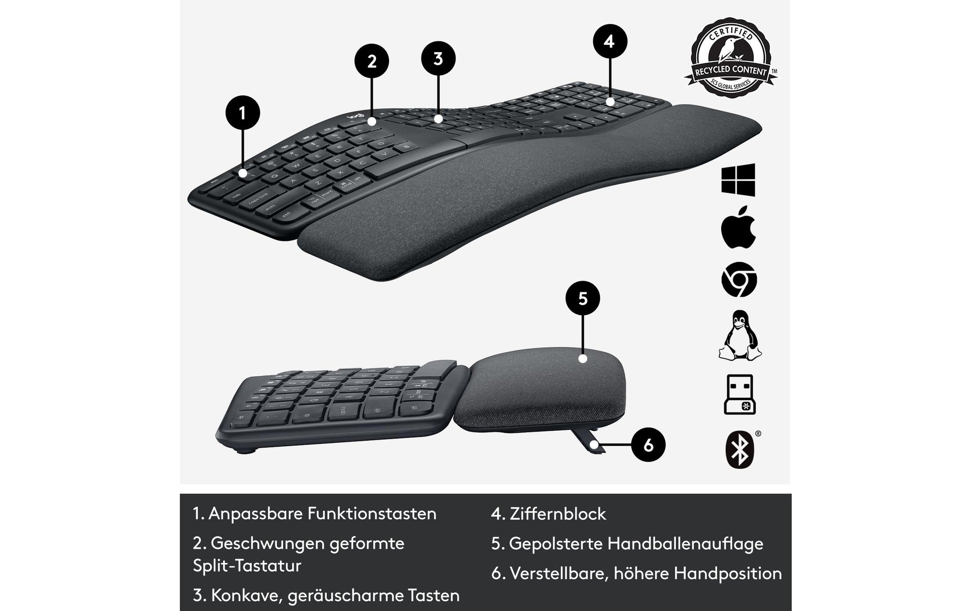 Logitech Ergo K860 – Tastatur, kabellos (Bluetooth/2,4 GHz) – für Windows, macOS