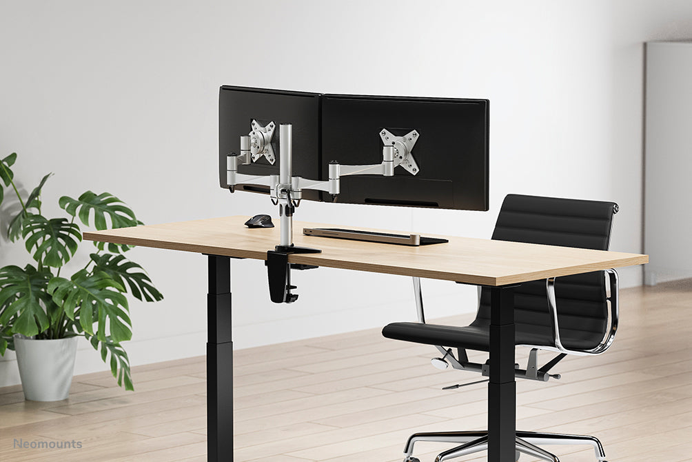 Neomounts Monitorarm, Dual, Tischklemme/Tischdurchführung, bis 27", VESA 75 × 75/100 × 100 mm, 9 kg, silber