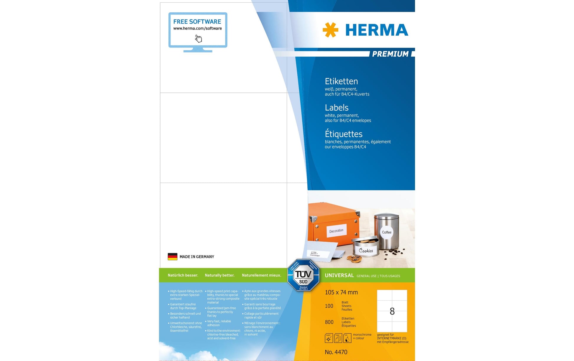 HERMA Etiketten, 105 mm × 74 mm, weiss, Papier, permanent, 800 Etiketten (100 Blatt)