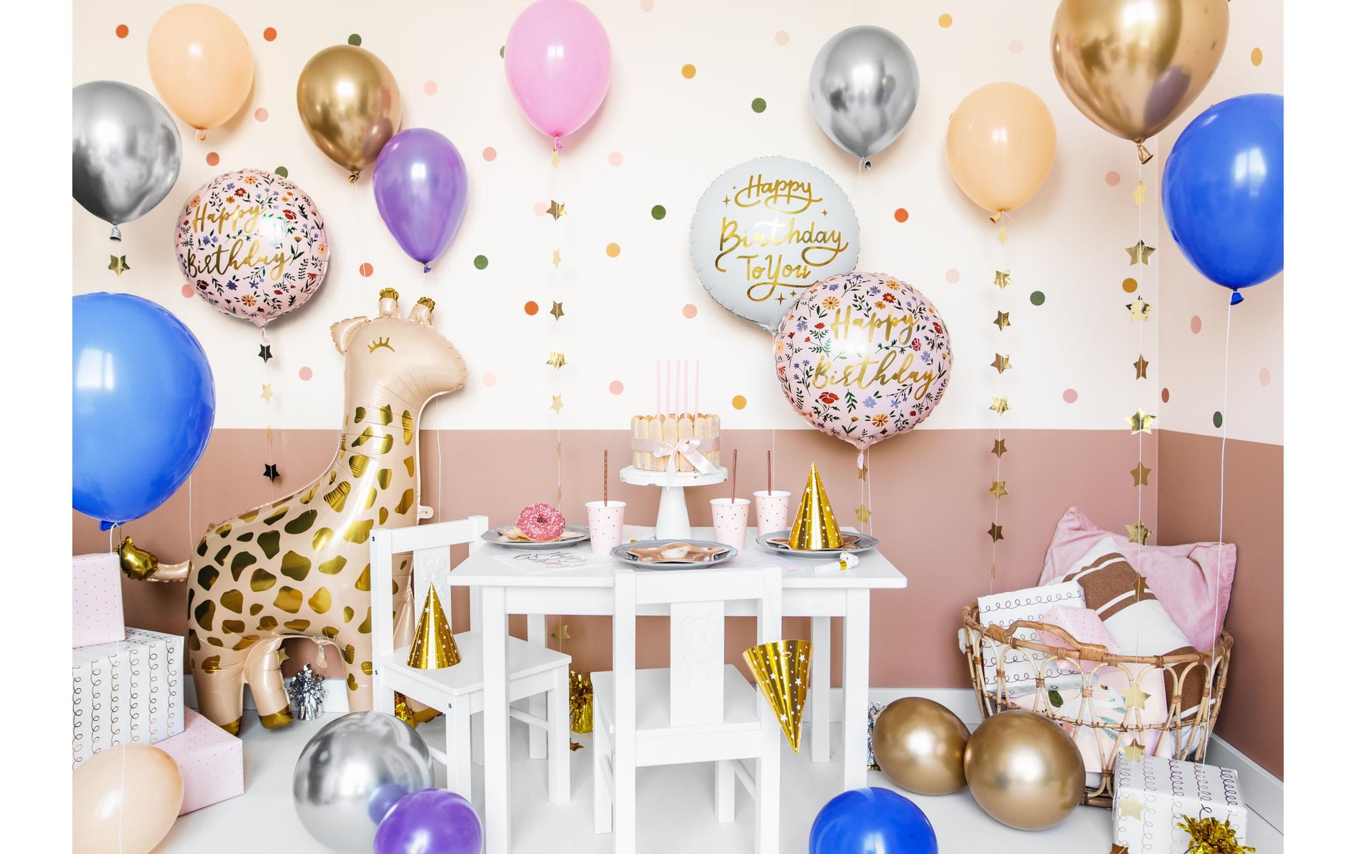 PartyDeco Folienballon Happy Birthday – Weiss/Gold – Ø 35 cm – Folie – 1 Stk – mit Helium befüllbar