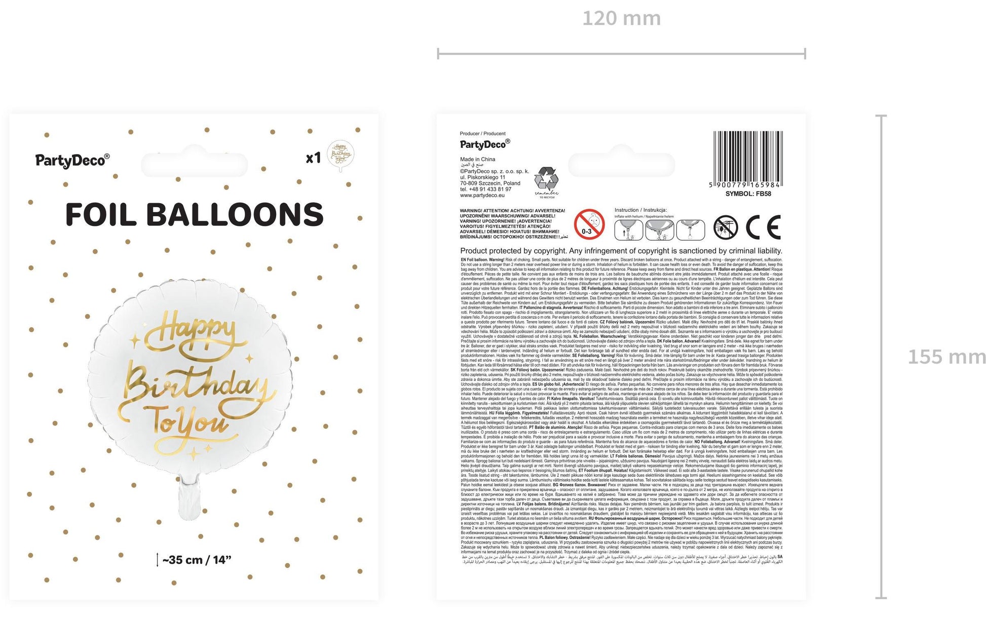 PartyDeco Folienballon Happy Birthday – Weiss/Gold – Ø 35 cm – Folie – 1 Stk – mit Helium befüllbar