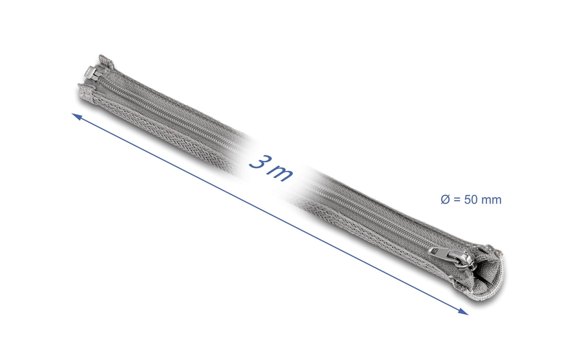 DeLOCK Kabelschlauch, Ø 50 mm × 3 m, Reissverschluss, wiederverwendbar, hitzebeständig (−50–150 °C) – Grau