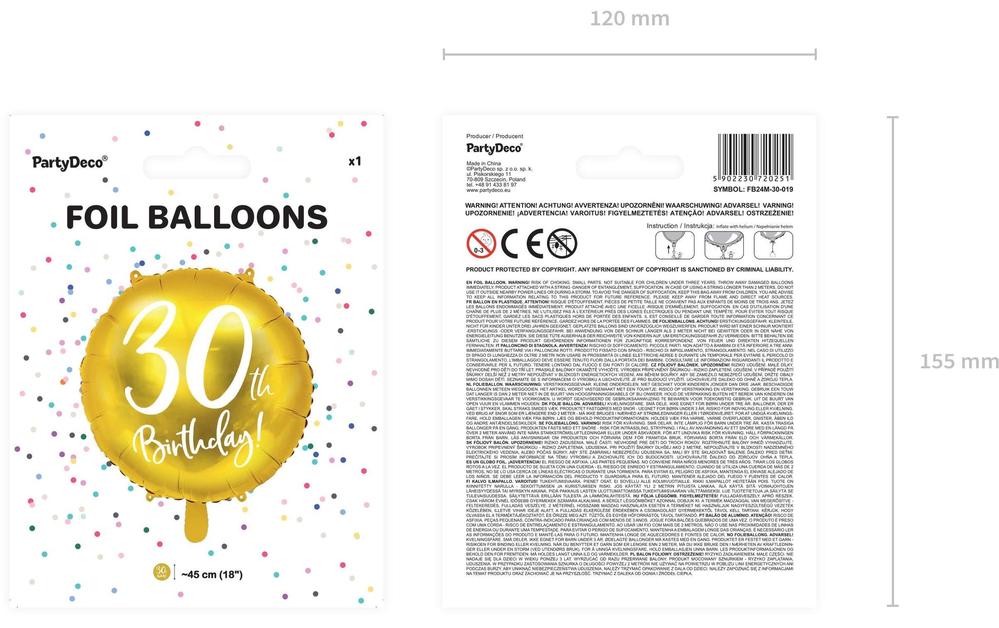 PartyDeco Folienballon Zahl 30 Geburtstag – Gold/Weiss – Ø 45 cm – Folie – 1 Stück