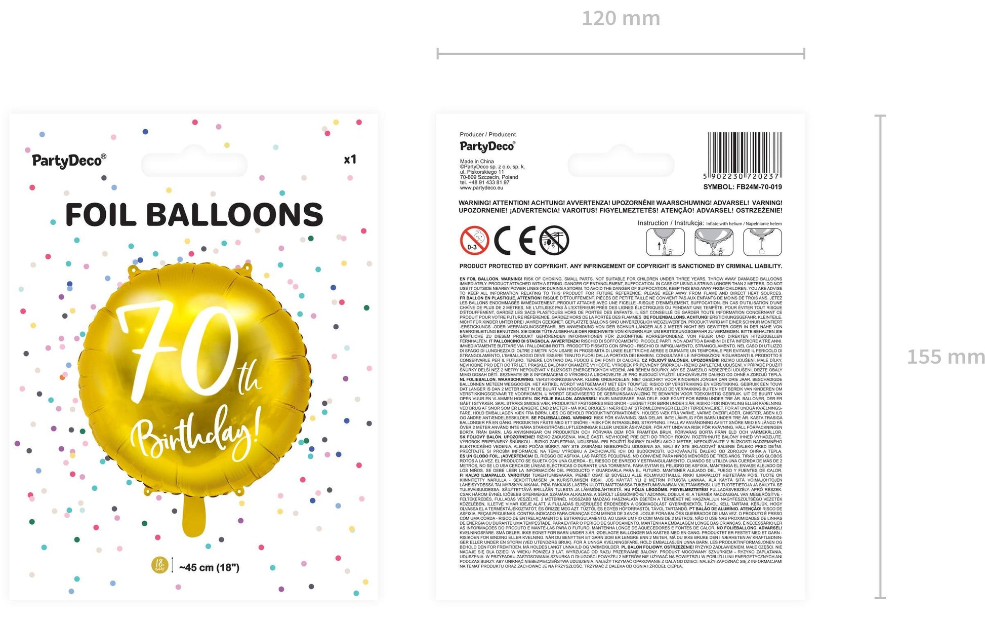 PartyDeco Folienballon Zahl 70 Geburtstag – Gold, Weiss – Ø 45 cm – Folie – 1 Stück