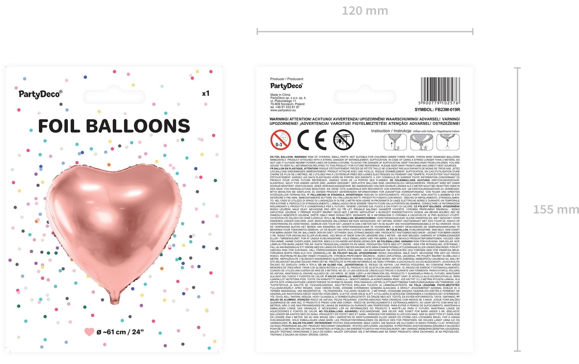 PartyDeco Folienballon – Herz – Ø 61 cm – Folie, Roségold, 1 Stück