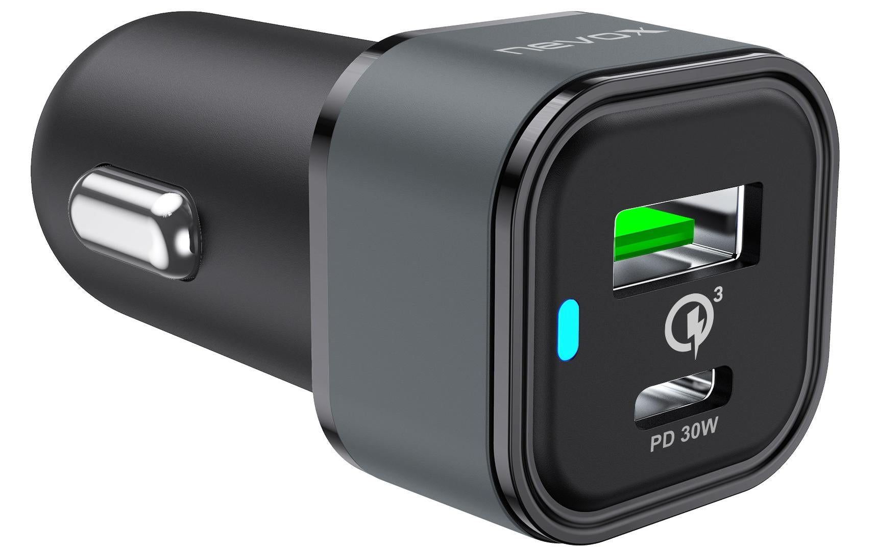 Nevox Dual Auto Ladegerät Auto-Ladegerät 48 W – USB-C×1, USB-A×1 – PD – für Fahrzeuge 12–24 V – Schwarz