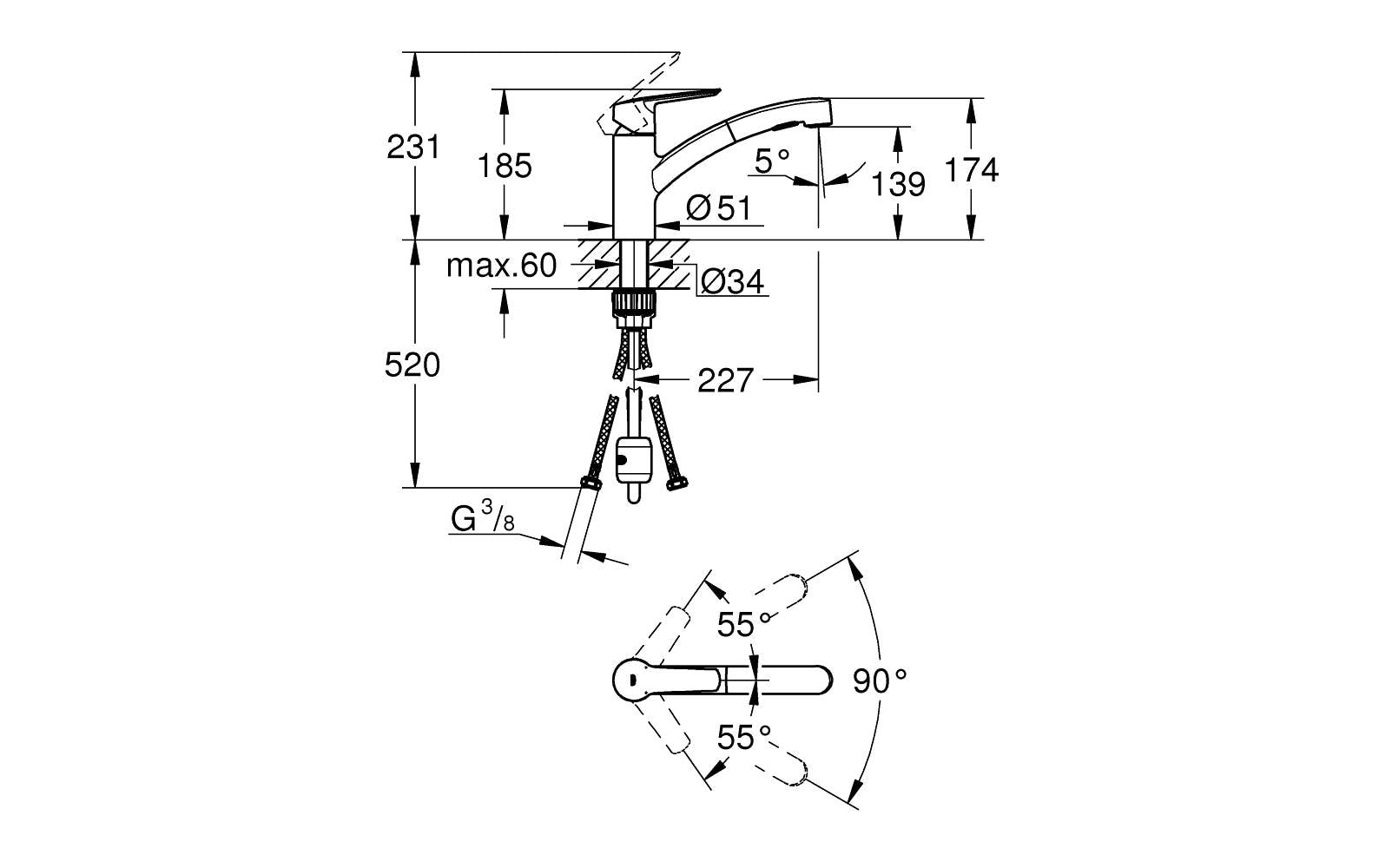 GROHE Start – Einhebelmischer, ausziehbare Brause, 2 Strahlarten, Messing, Supersteel