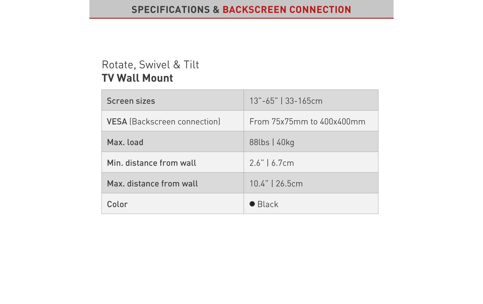 Barkan Mounting Systems Barkan BM331-SW – Wandhalterung, schwenkbar, drehbar, für 13–65", VESA 75×75–400×400, bis 40 kg, schwarz