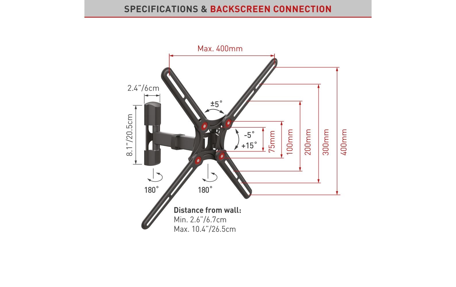 Barkan Mounting Systems Barkan BM331-SW – Wandhalterung, schwenkbar, drehbar, für 13–65", VESA 75×75–400×400, bis 40 kg, schwarz