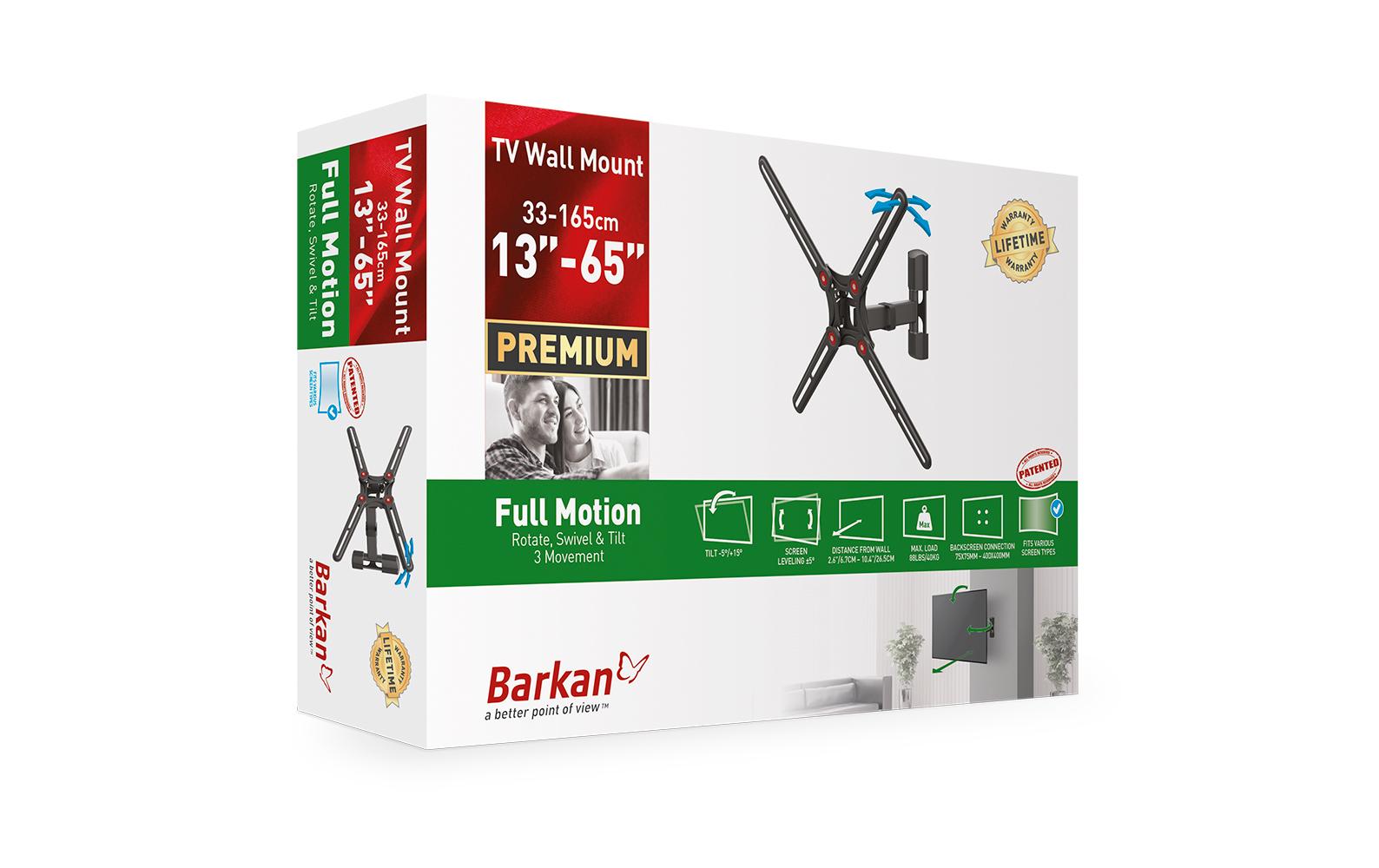 Barkan Mounting Systems Barkan BM331-SW – Wandhalterung, schwenkbar, drehbar, für 13–65", VESA 75×75–400×400, bis 40 kg, schwarz