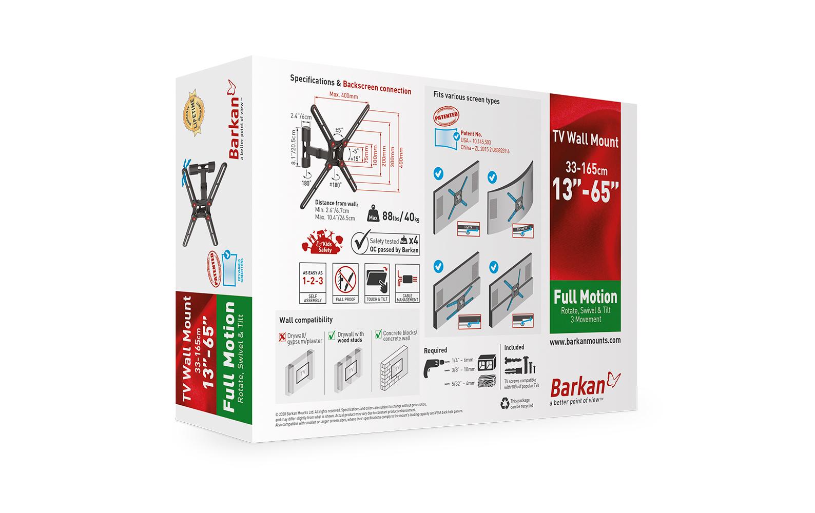 Barkan Mounting Systems Barkan BM331-SW – Wandhalterung, schwenkbar, drehbar, für 13–65", VESA 75×75–400×400, bis 40 kg, schwarz