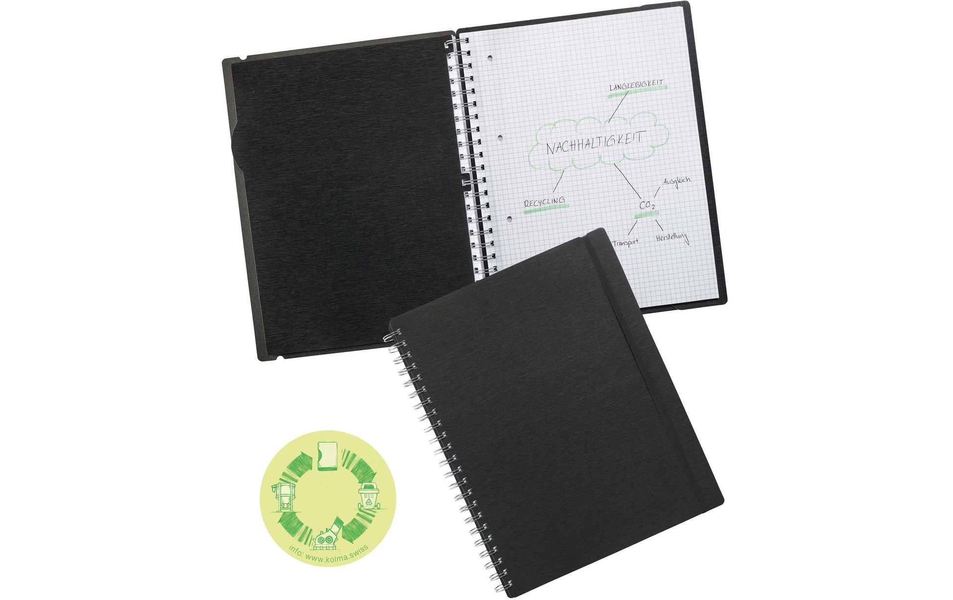 Kolma Notizbuch, Spiralbindung, Softcover, 200 Seiten, 4-fach gelocht, perforiert, 70 g/m² – Schwarz