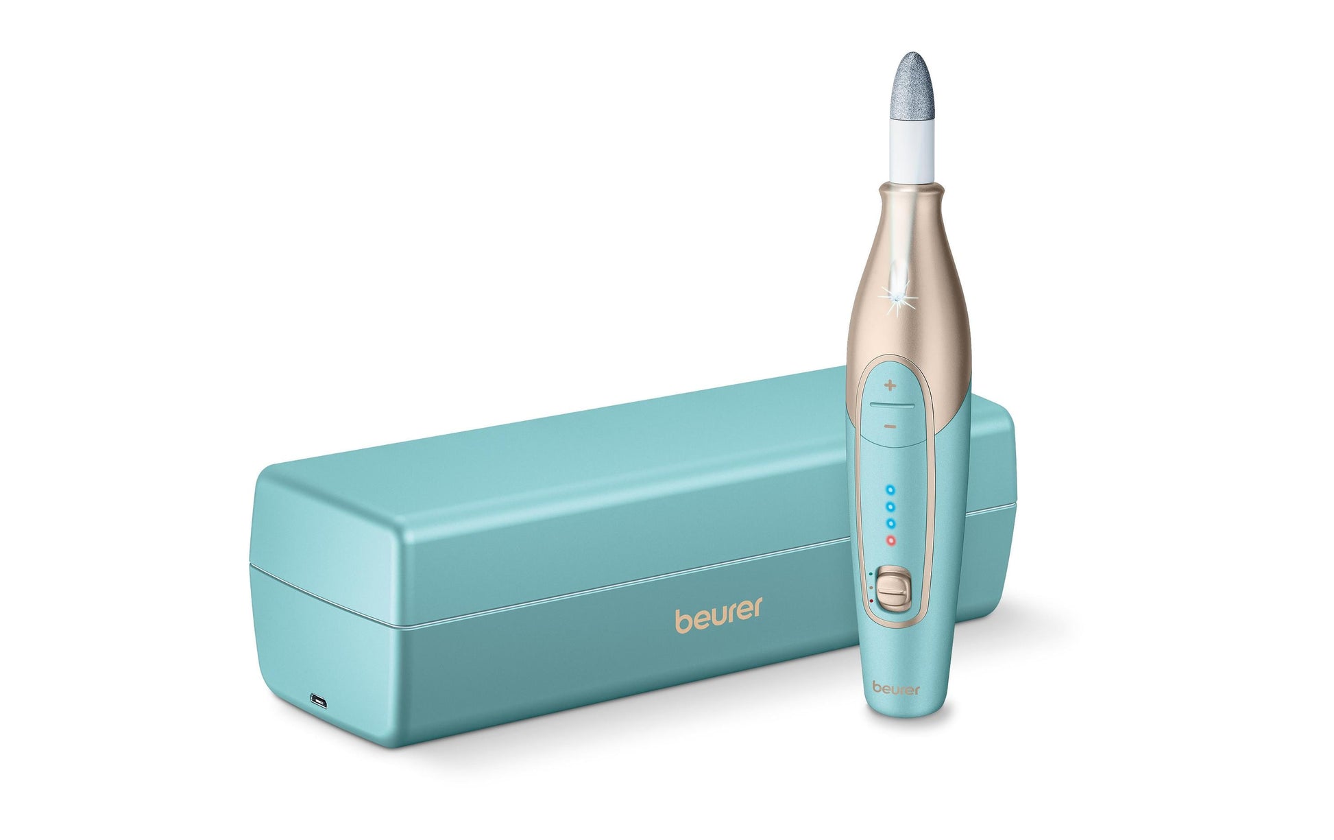 Beurer Maniküre-/Pediküre-Set MP 84 – 3 Stufen, Li-Ion-Akku, 2 h Laufzeit – 15,5 cm – Blau/Gold
