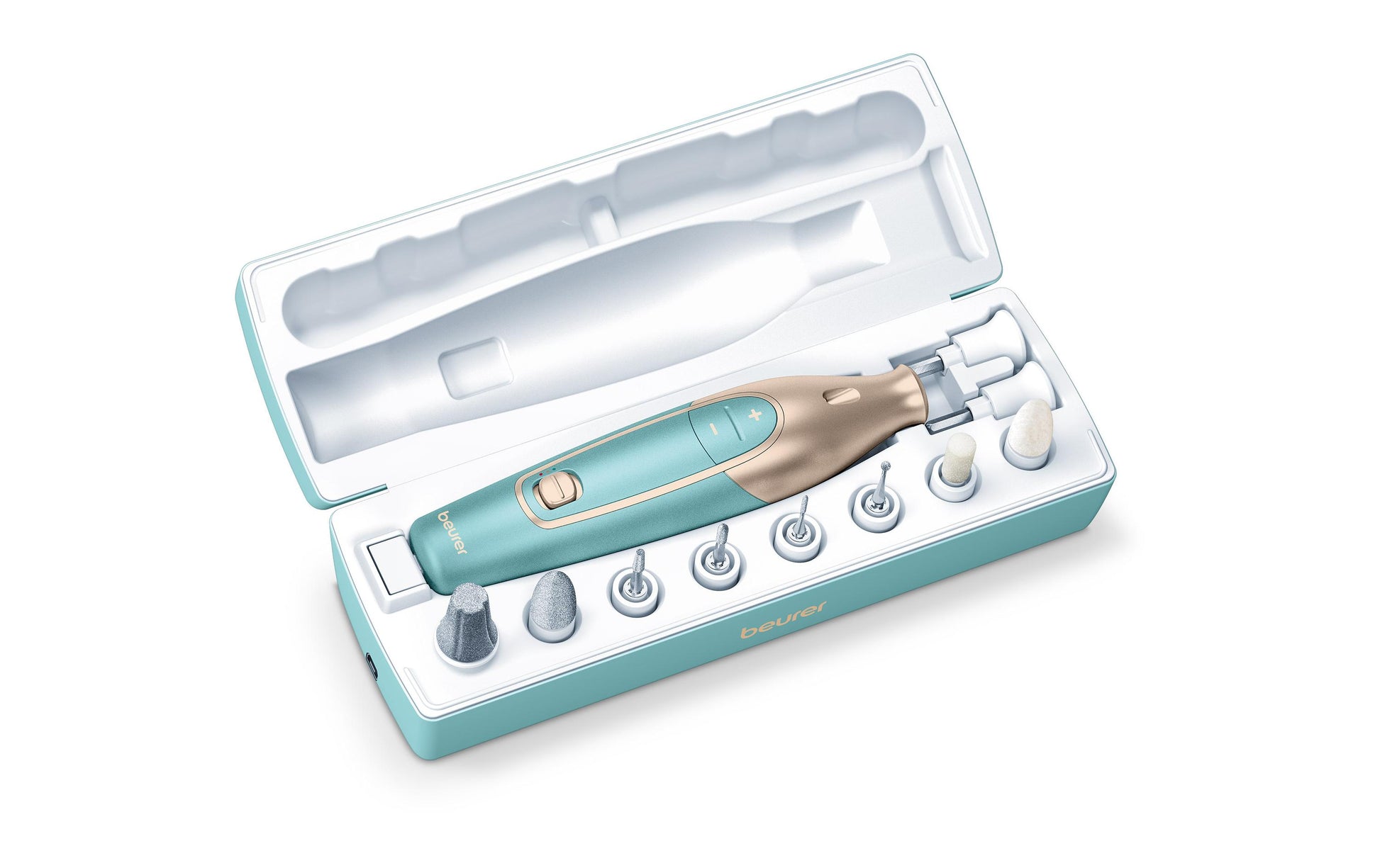 Beurer Maniküre-/Pediküre-Set MP 84 – 3 Stufen, Li-Ion-Akku, 2 h Laufzeit – 15,5 cm – Blau/Gold
