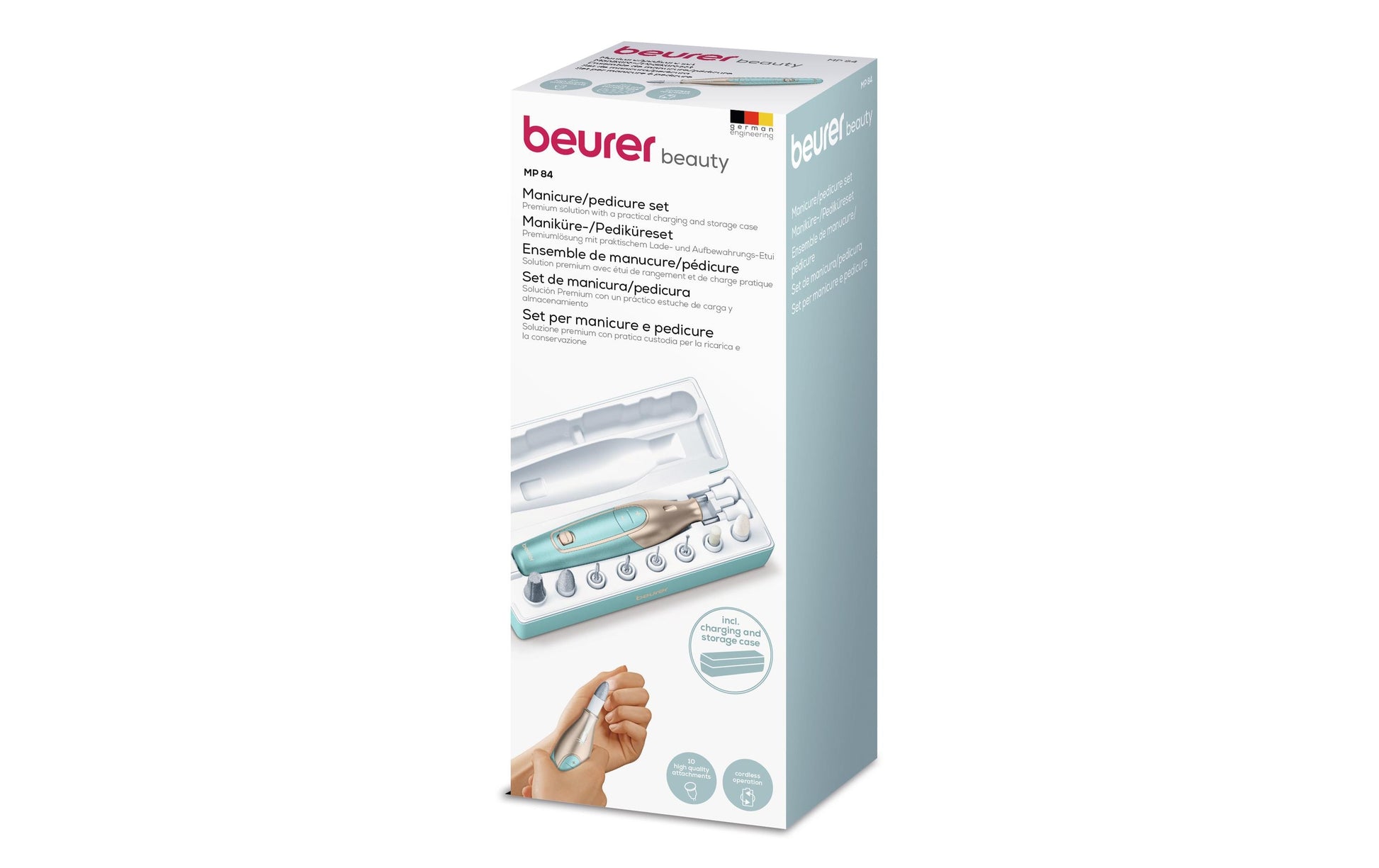 Beurer Maniküre-/Pediküre-Set MP 84 – 3 Stufen, Li-Ion-Akku, 2 h Laufzeit – 15,5 cm – Blau/Gold