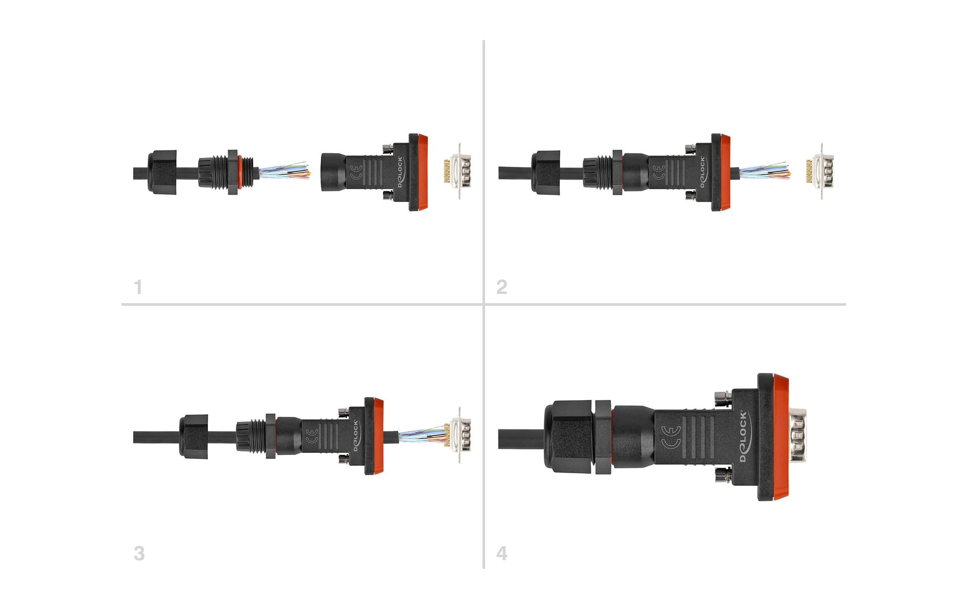 DeLOCK Seriell-Adapter DB9 (RS-232) zu 9 Lötpins – IP67, Polyamid, gerade, 80 × 41 × 22 mm, Schwarz/Orange