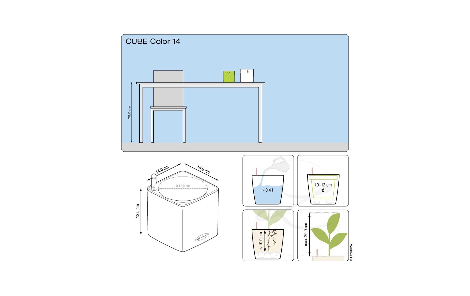 LECHUZA Cube Color Topfpflanzer – 14 × 14 × 13,5 cm – Kunststoff, grau