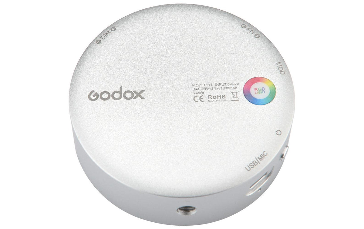 Godox Mini-RGB-Leuchte R1 – 75 × 75 mm, dimmbar, Akku, RGB, schwarz