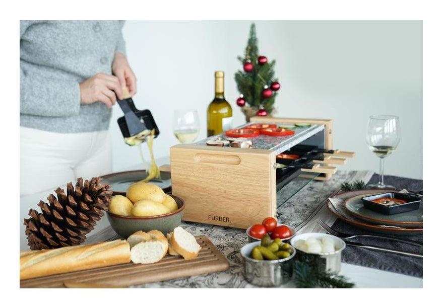 Furber. Furber Raclette-Grill Festa – 4 Personen, Steinplatte, 650 W – Schwarz/Marmor/Holz