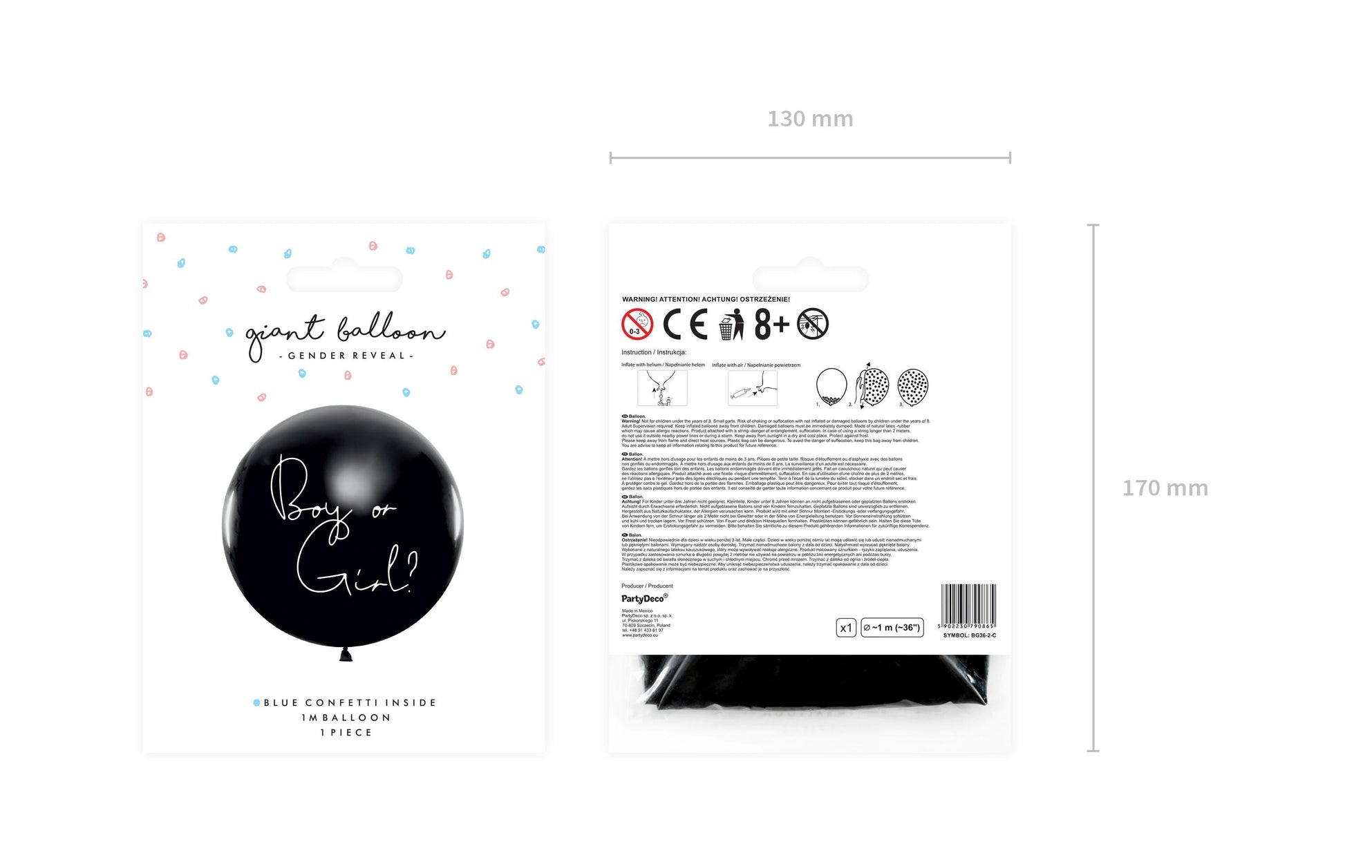 PartyDeco Gender Reveal Ballons Junge – Schwarz/Weiss – Ø 100 cm – Latex – 1 Stk