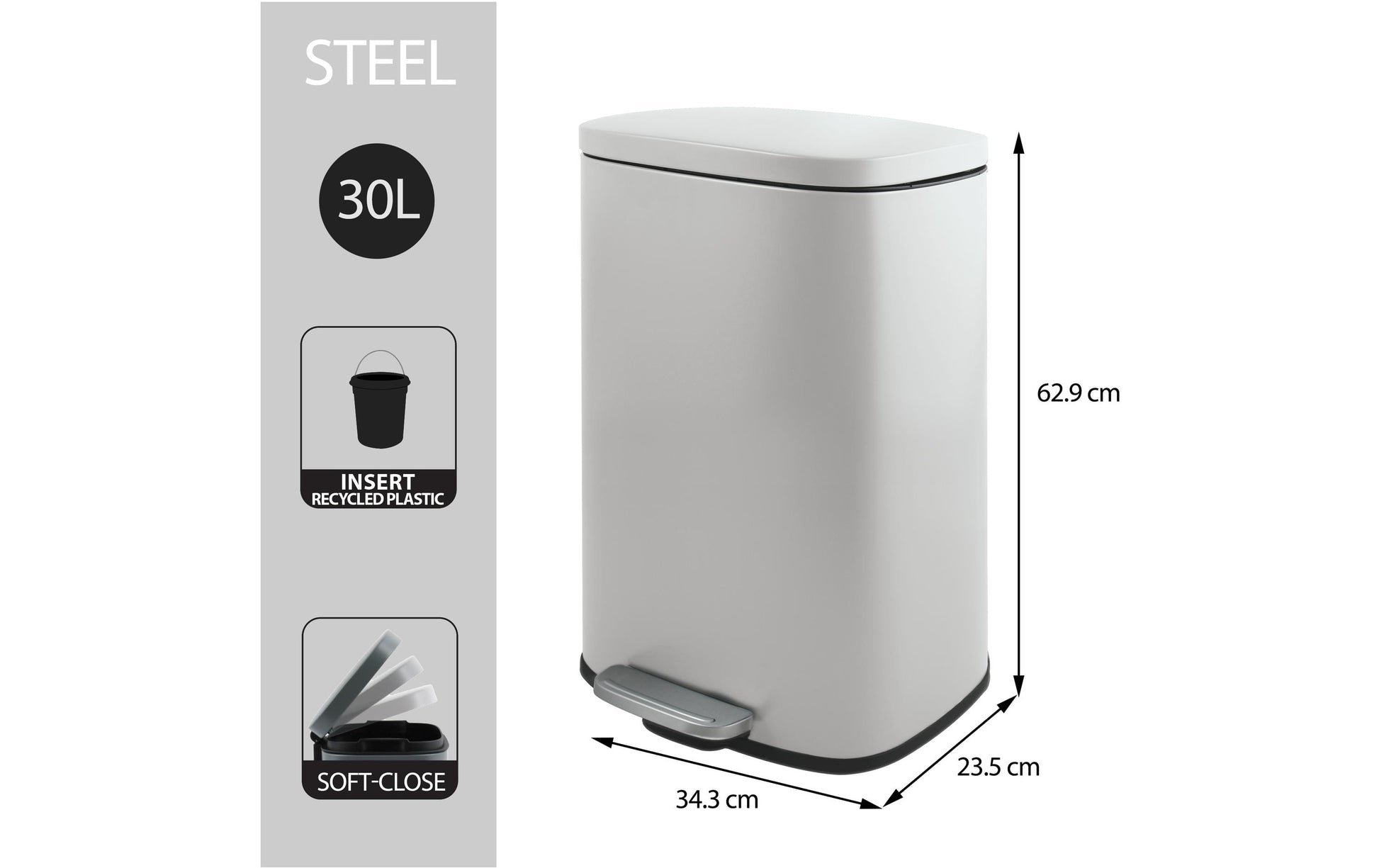 MSV Treteimer – 30 l – Stahl, rechteckig – weiss