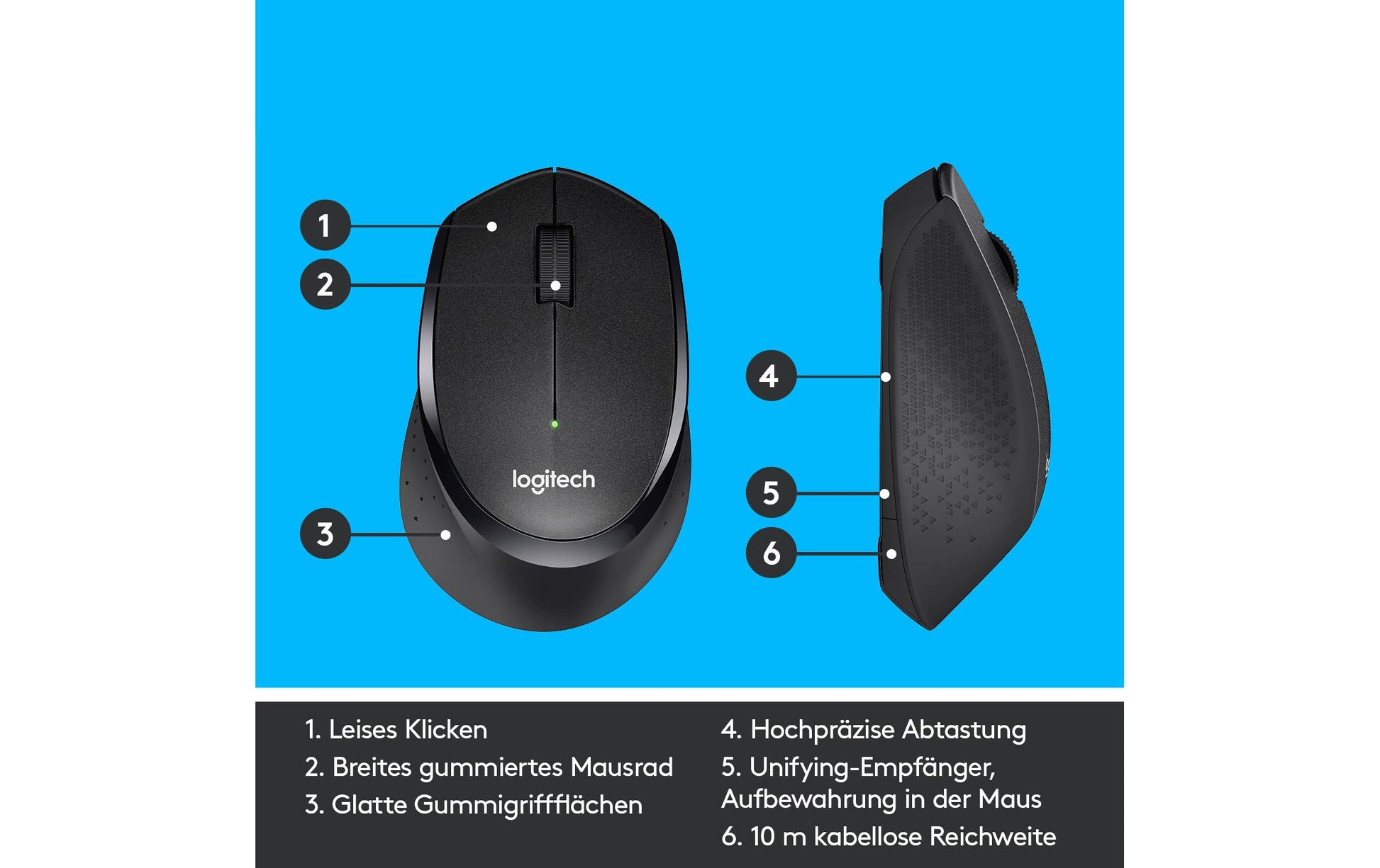 Logitech M330 Silent Plus Maus – kabellos, 2,4 GHz, Silent-Tasten, schwarz