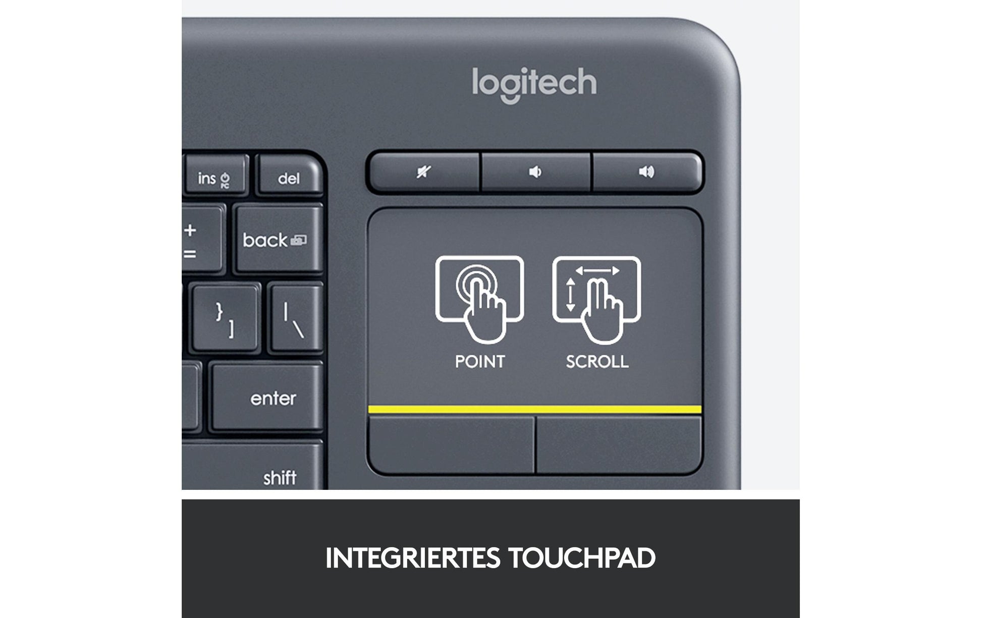 Logitech K400+ – Tastatur, kabellos (2,4 GHz), US-Layout (EN), mit Touchpad, Dunkelgrau