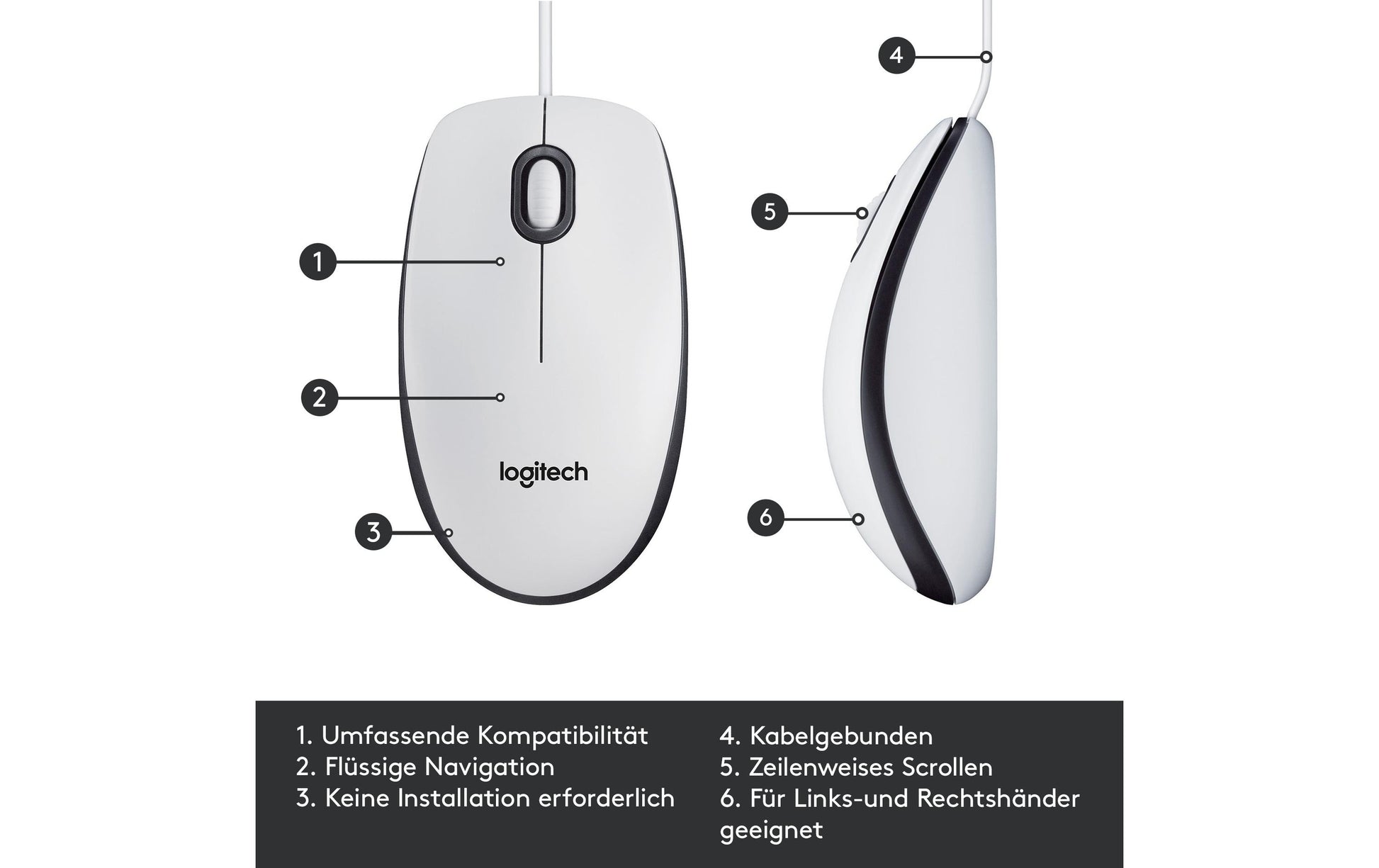 Logitech M100 – Maus – Kabelgebunden (USB‑A), 1000 DPI, beidhändig, Weiss