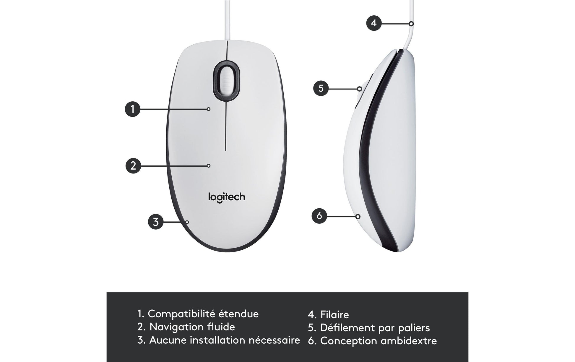 Logitech M100 – Maus – Kabelgebunden (USB‑A), 1000 DPI, beidhändig, Weiss