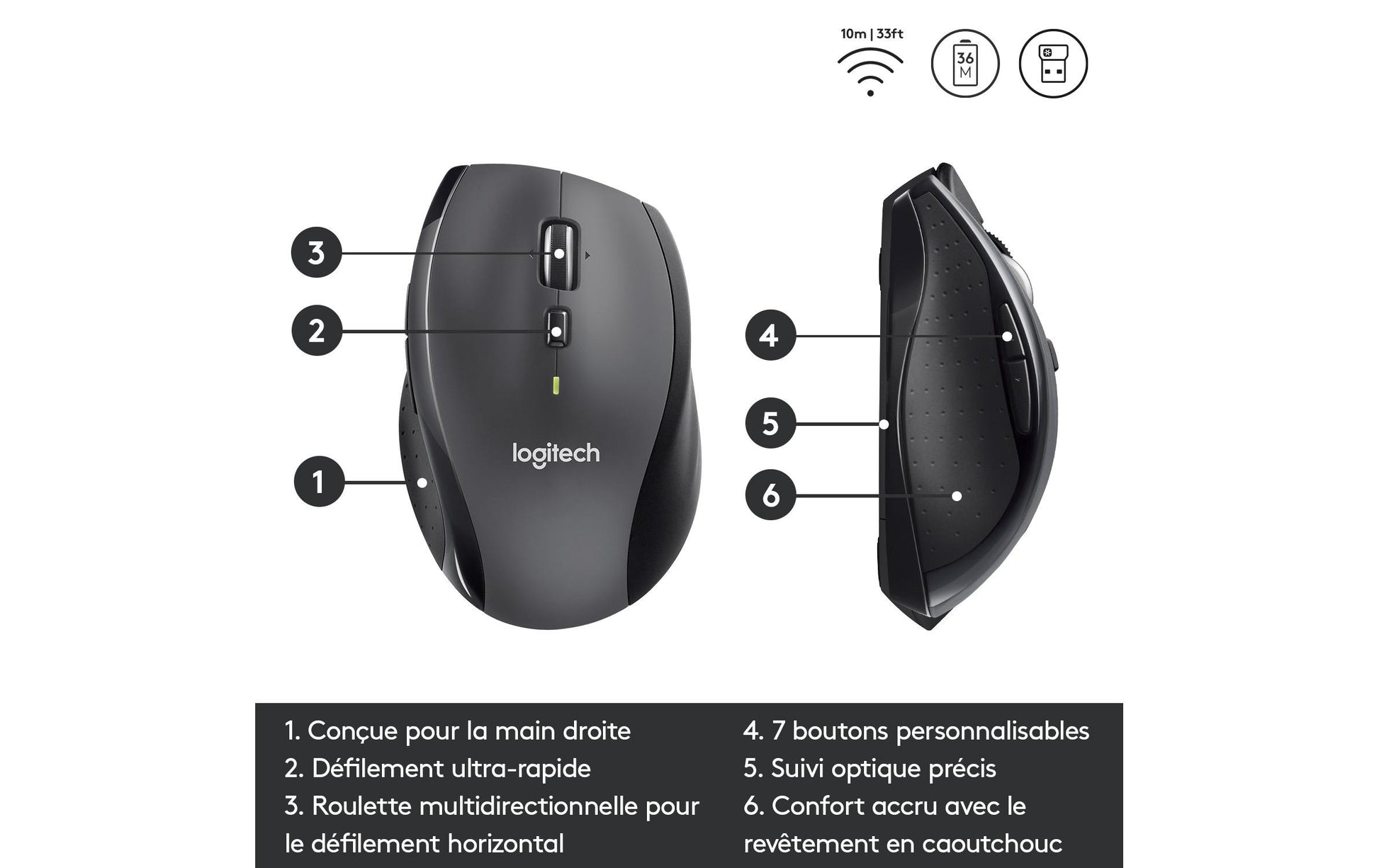 Logitech Marathon M705 – Maus – Kabellos (2,4 GHz), 1000 DPI, rechts, Anthrazit