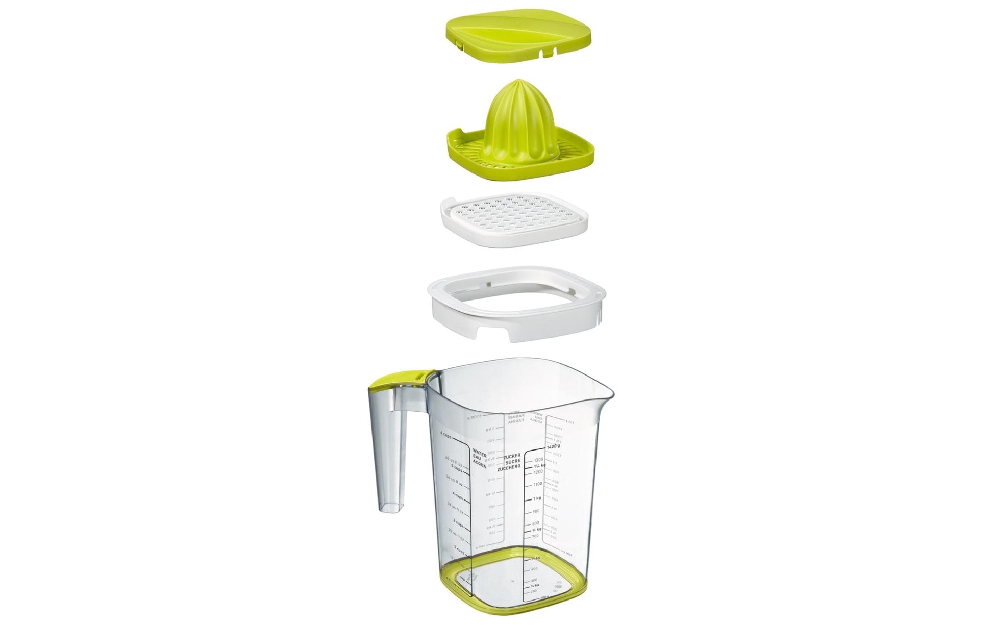 Rotho Messbecher Loft – 1,5 l – mit Deckel, Presse & Reibe – Kunststoff – Weiss