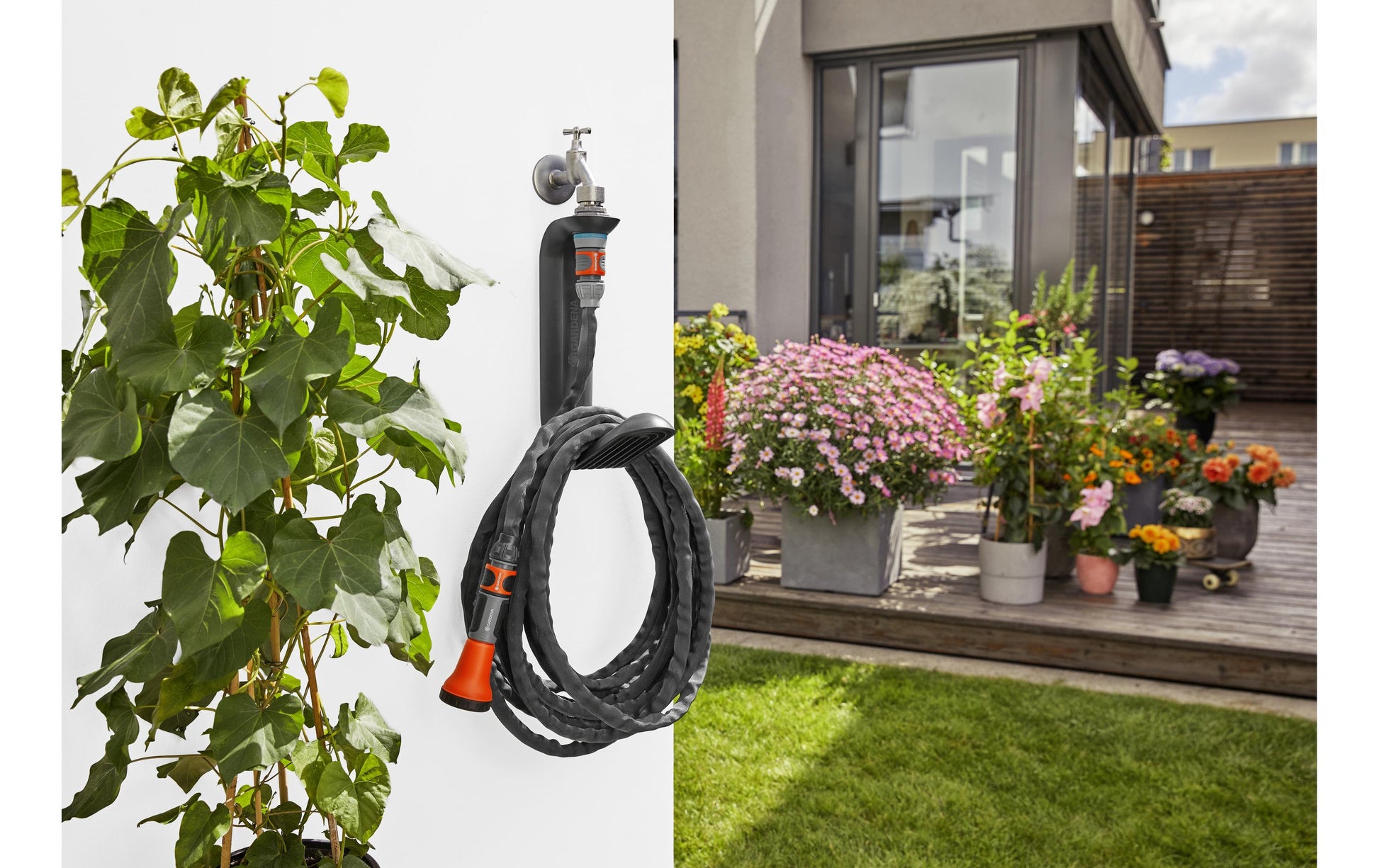 Gardena Liano TapFix Schlauchhalter 20 m – zur Wandmontage, werkzeuglos, schwarz