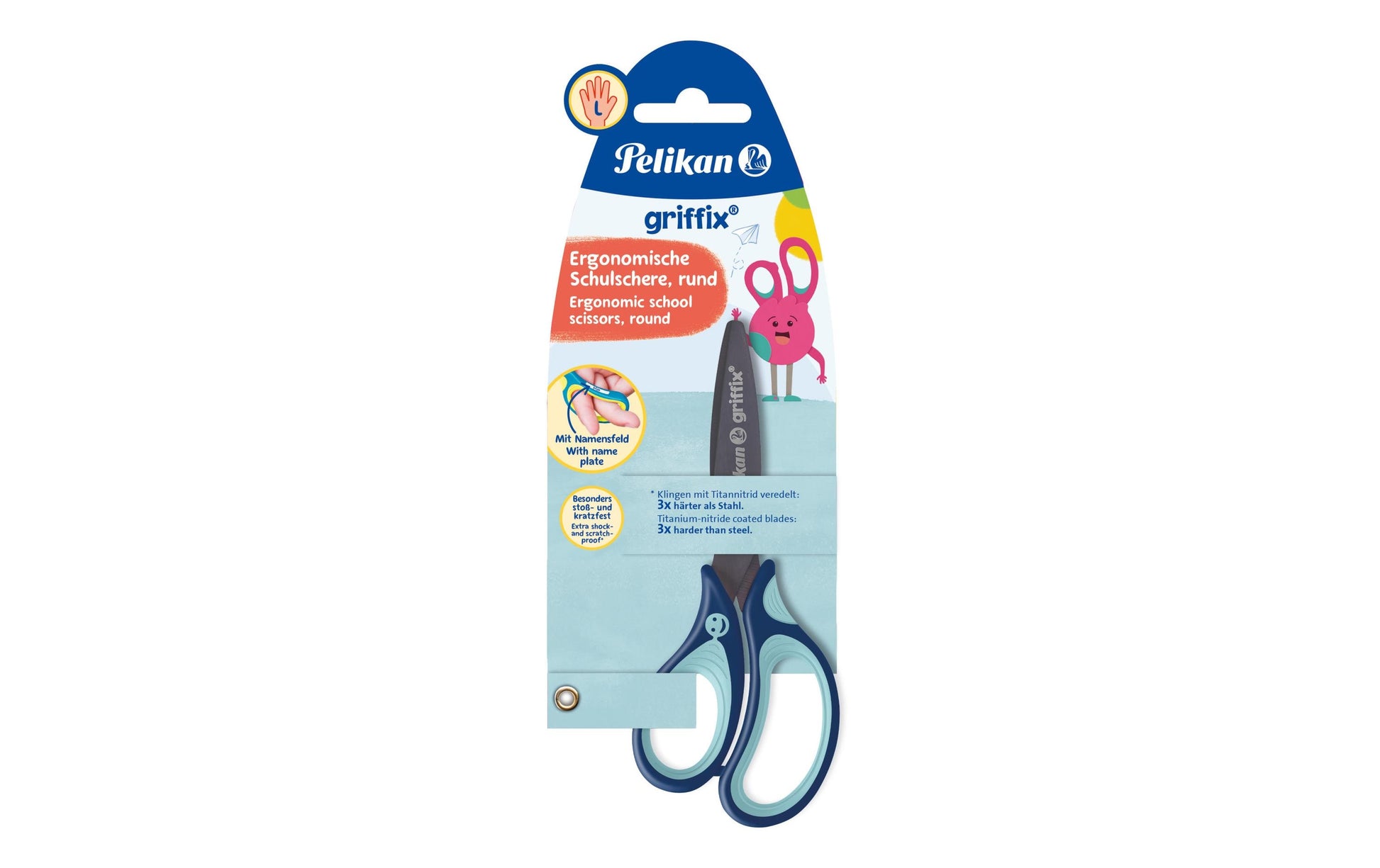 Pelikan Griffix Kinderschere, abgerundet, für Linkshänder – Titannitrid-beschichtet, ergonomischer Griff, Blau