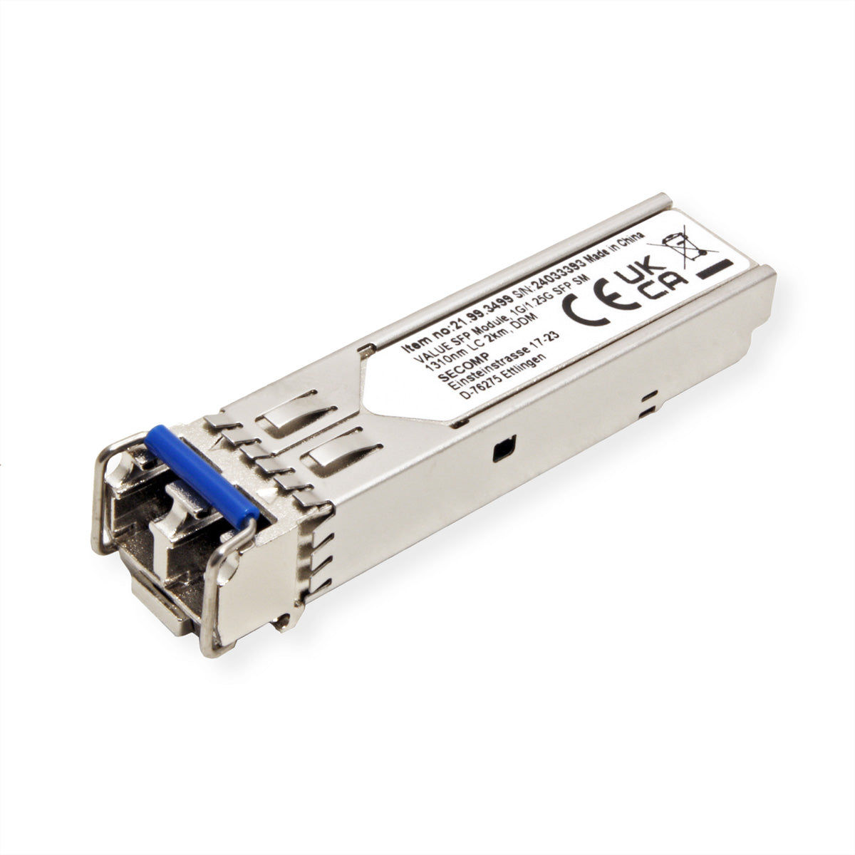 VALUE SFP-Modul LX/LC – 1,25G Single-Mode (1310 nm), bis 2 km, DDM, für 9/125 µm Single-Mode-Faser, Silber