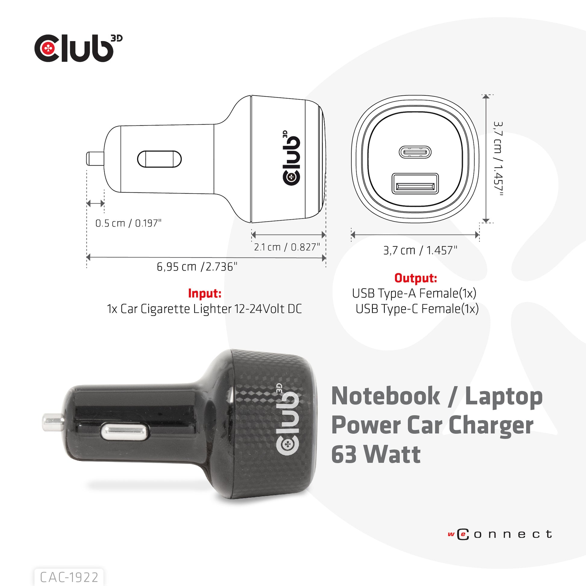 CLUB3D Club 3D CAC-1922 Auto-Ladegerät 63 W – USB-C×1, USB-A×1 – für 12–24 V Bordnetz