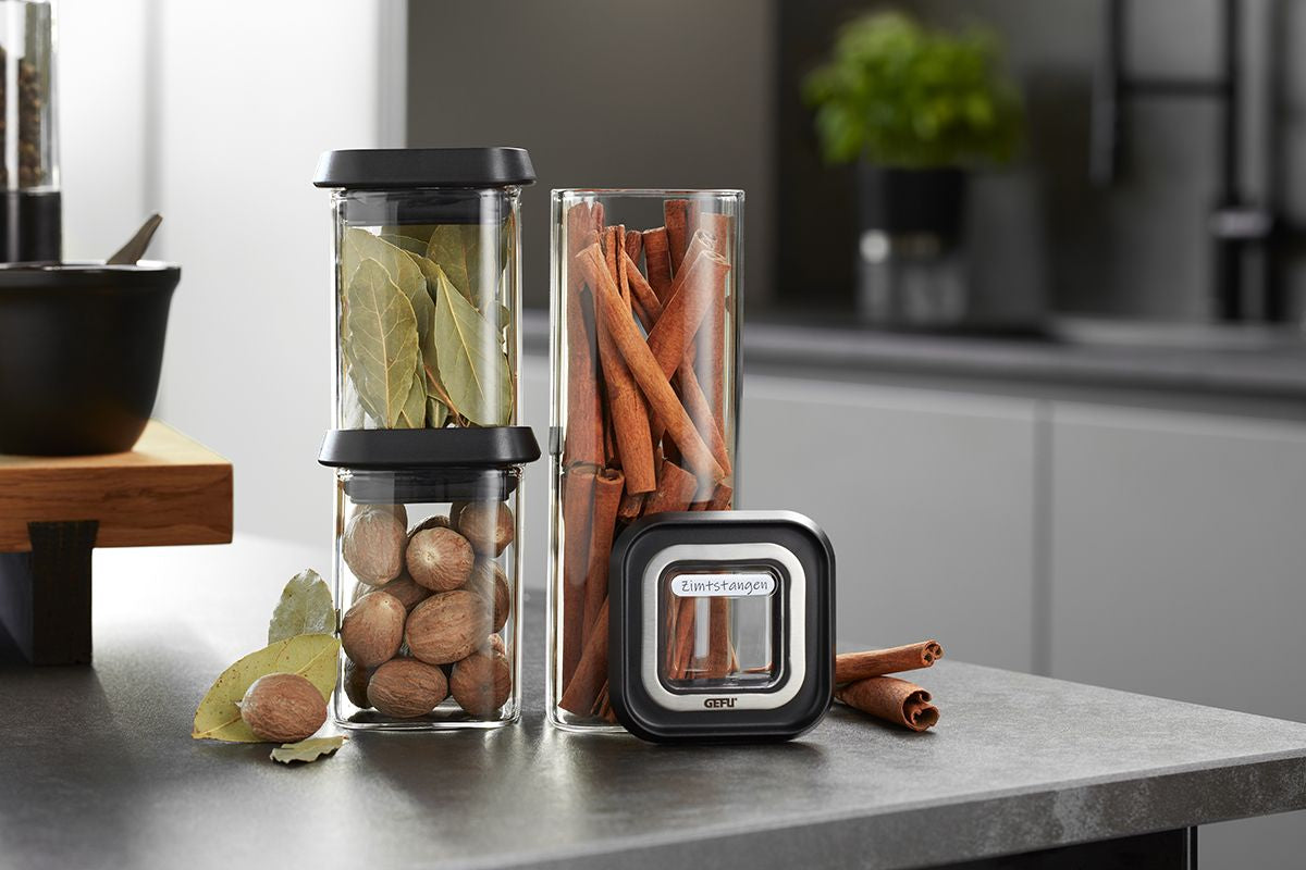 GEFU PANTRY Mini – Vorratsdose 180 ml, 180 ml, 400 ml, Glas (Borosilikat)/Kunststoff/Edelstahl, 3-teilig, tran