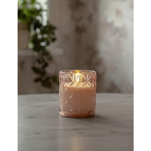 Star Trading LED-Kerze Flamme Rombus – Ø 8,5 × 10 cm, warmweiss, rosa, Timer 6 h/18 h