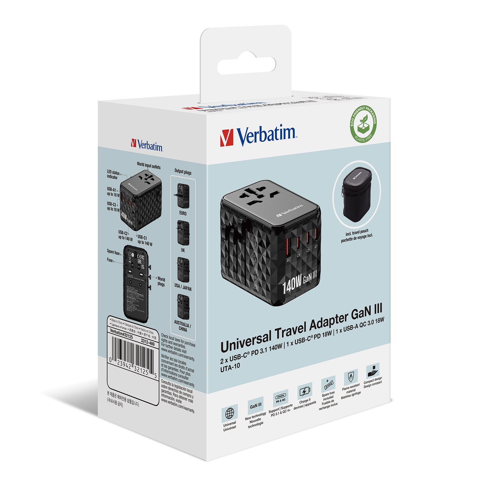 Verbatim GaN III Universelles Reise-USB-Ladegerät 140 W – USB-C×3, USB-A×1 – PD 3.1, QC 4, GaN