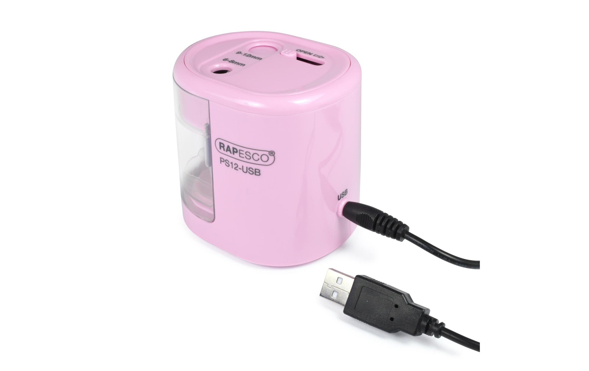 Rapesco PS12-USB Elektro-Spitzmaschine – für Ø 6–8 + 9–12 mm – USB/Batterie (4×AA) – rosa