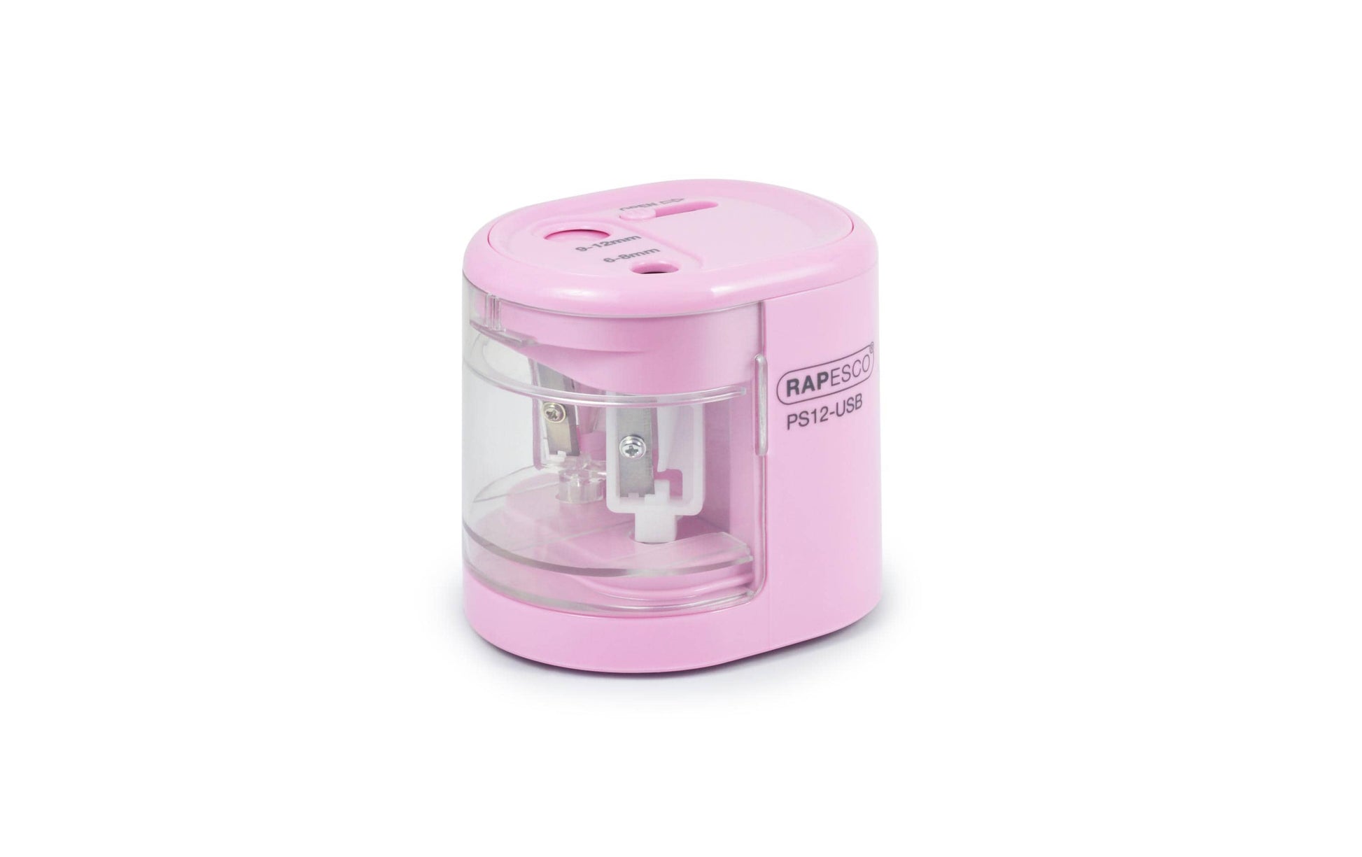 Rapesco PS12-USB Elektro-Spitzmaschine – für Ø 6–8 + 9–12 mm – USB/Batterie (4×AA) – rosa