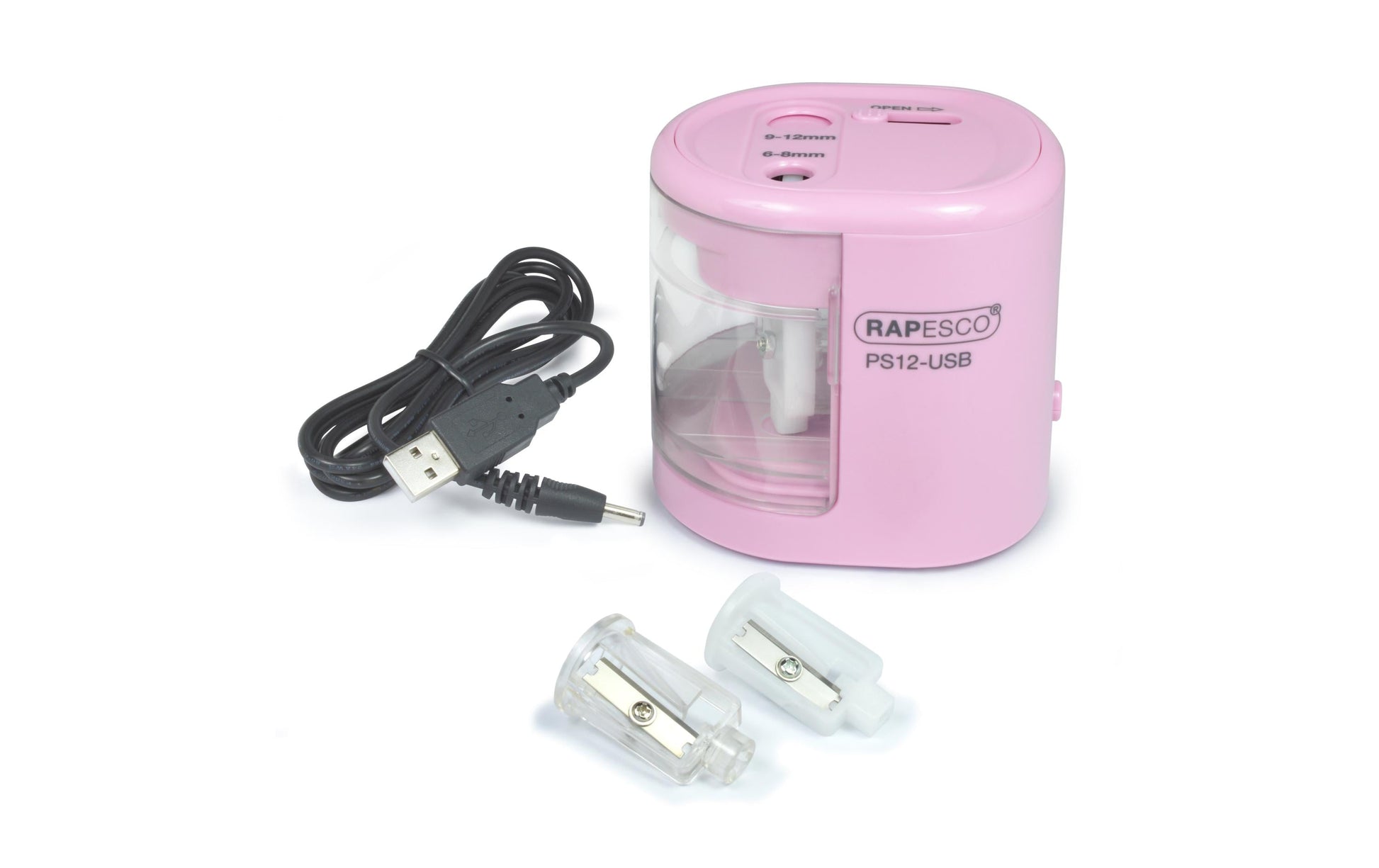 Rapesco PS12-USB Elektro-Spitzmaschine – für Ø 6–8 + 9–12 mm – USB/Batterie (4×AA) – rosa
