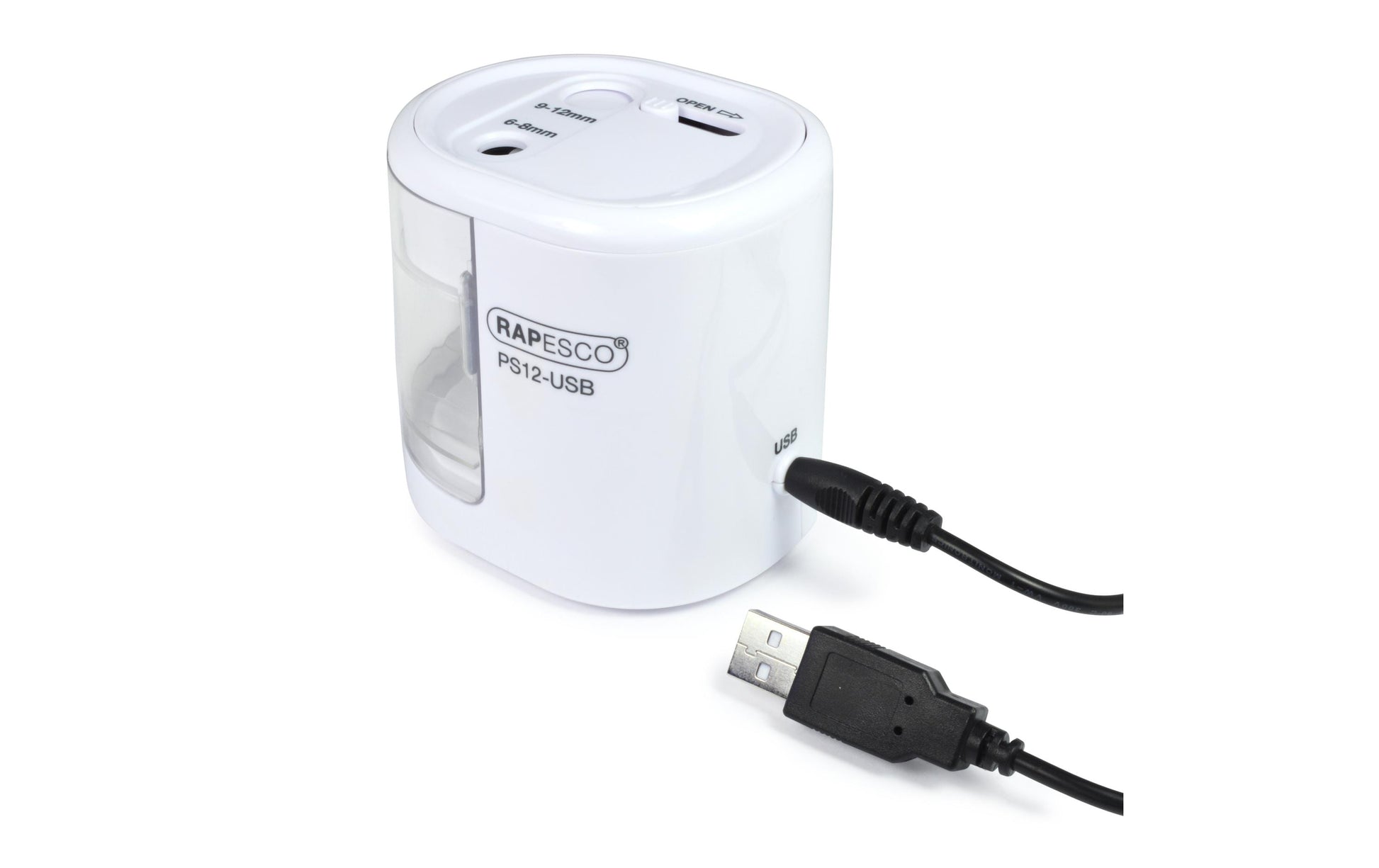 Rapesco PS12-USB Elektro-Spitzmaschine – für Ø 6–8 mm und Ø 9–12 mm – USB/Batterie (4×AA) – weiss