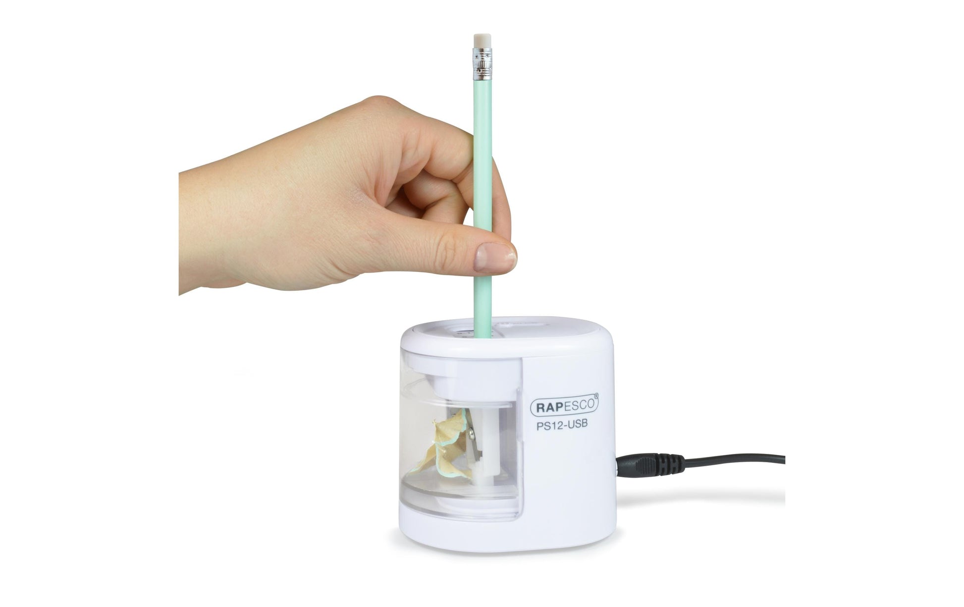Rapesco PS12-USB Elektro-Spitzmaschine – für Ø 6–8 mm und Ø 9–12 mm – USB/Batterie (4×AA) – weiss