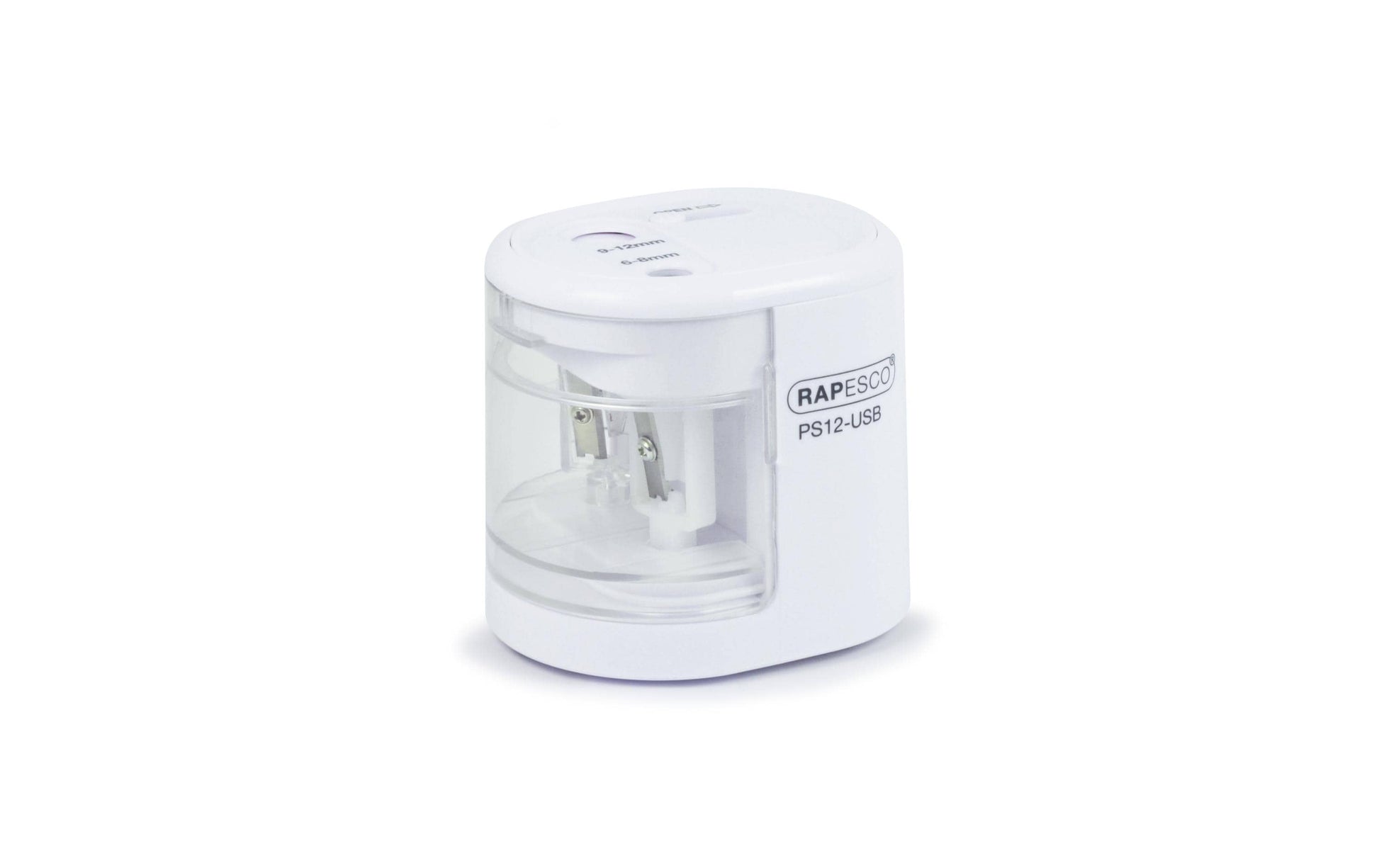 Rapesco PS12-USB Elektro-Spitzmaschine – für Ø 6–8 mm und Ø 9–12 mm – USB/Batterie (4×AA) – weiss