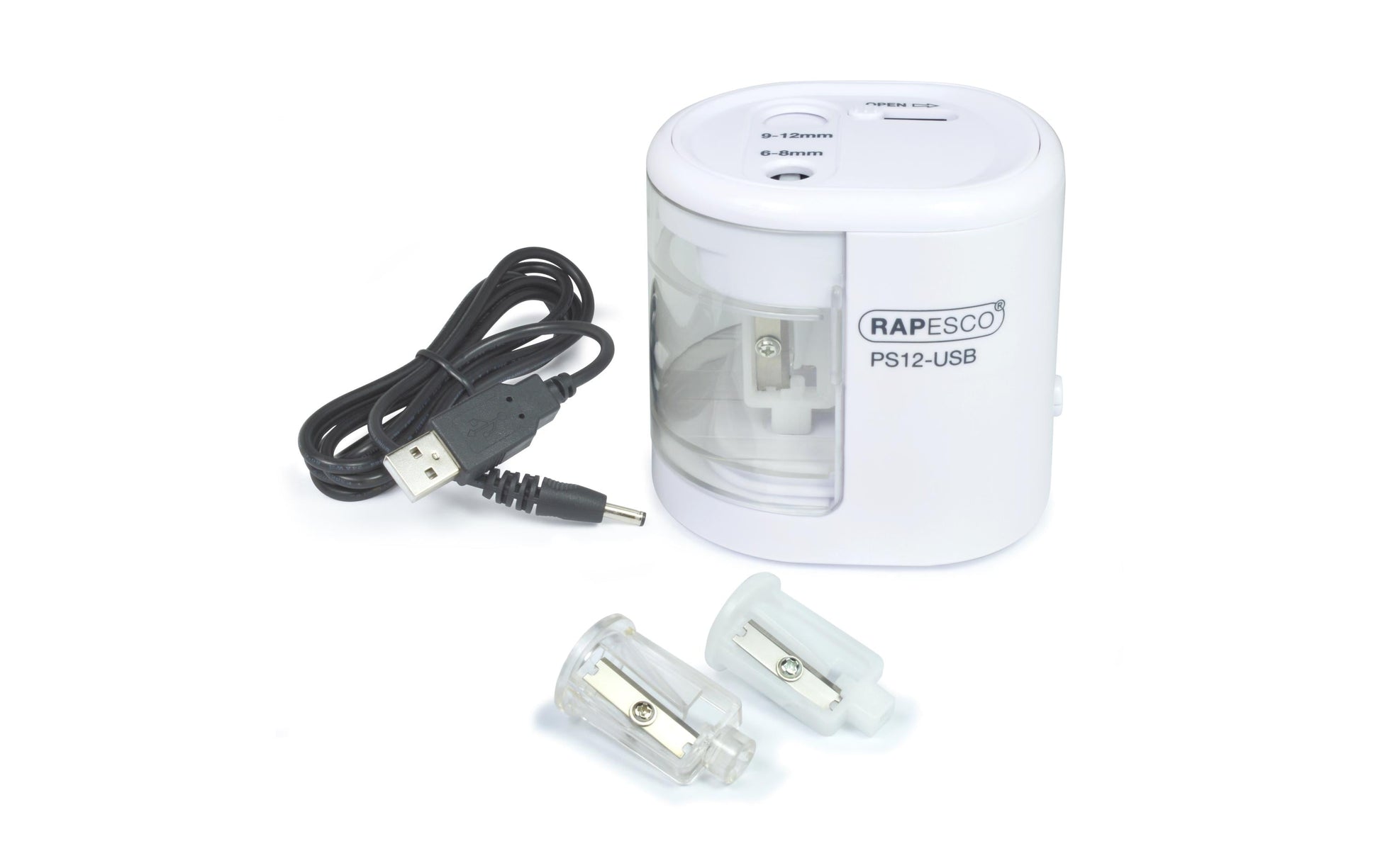 Rapesco PS12-USB Elektro-Spitzmaschine – für Ø 6–8 mm und Ø 9–12 mm – USB/Batterie (4×AA) – weiss