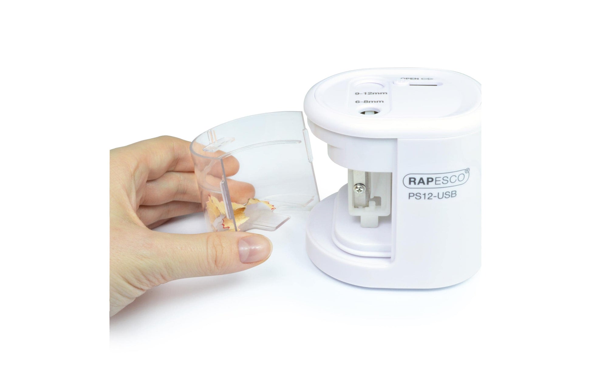 Rapesco PS12-USB Elektro-Spitzmaschine – für Ø 6–8 mm und Ø 9–12 mm – USB/Batterie (4×AA) – weiss