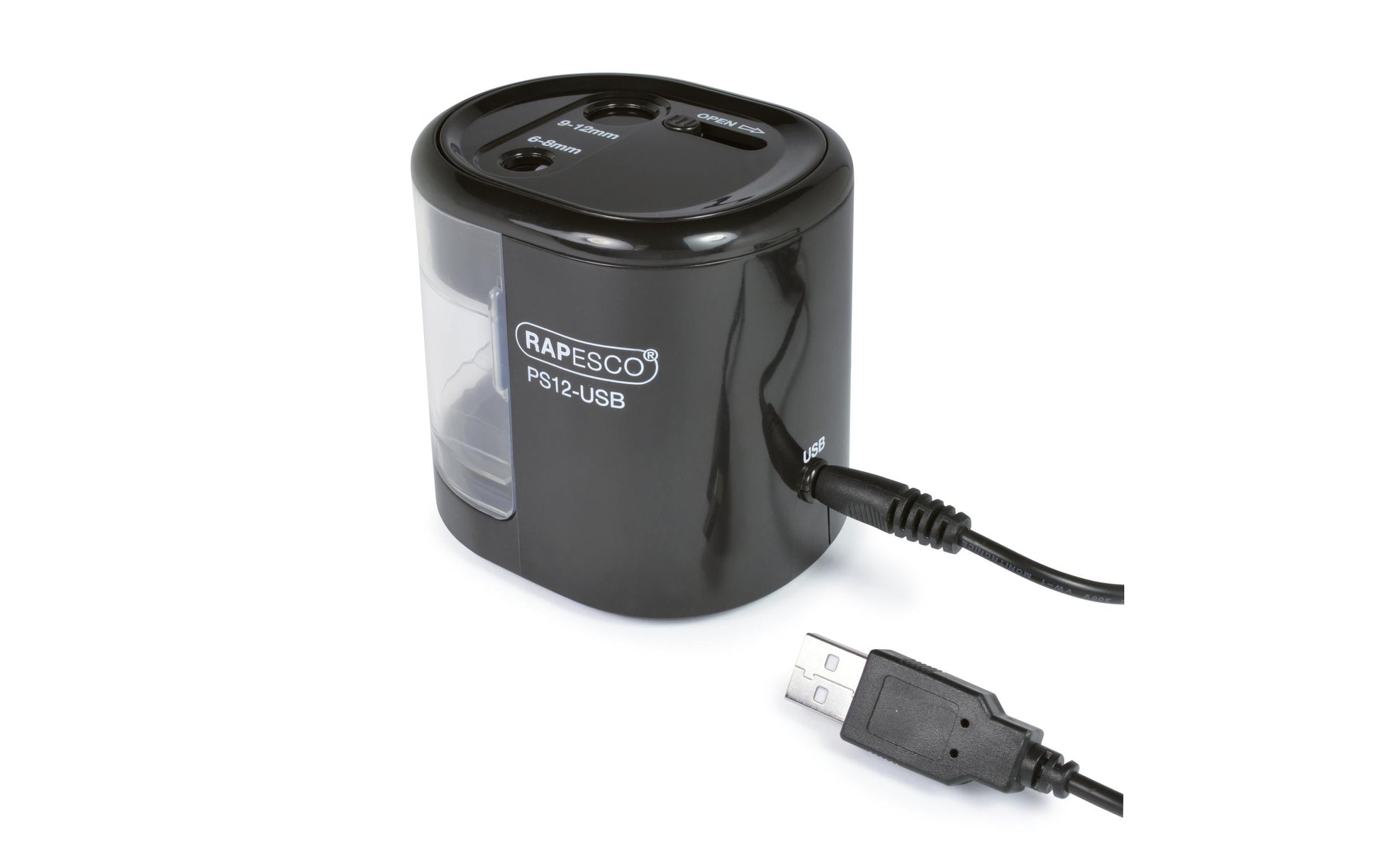 Rapesco RA-1449 Elektro-Spitzmaschine – für Ø 6–12 mm – USB/Batteriebetrieben (4×AA) – Kunststoff – Schwarz