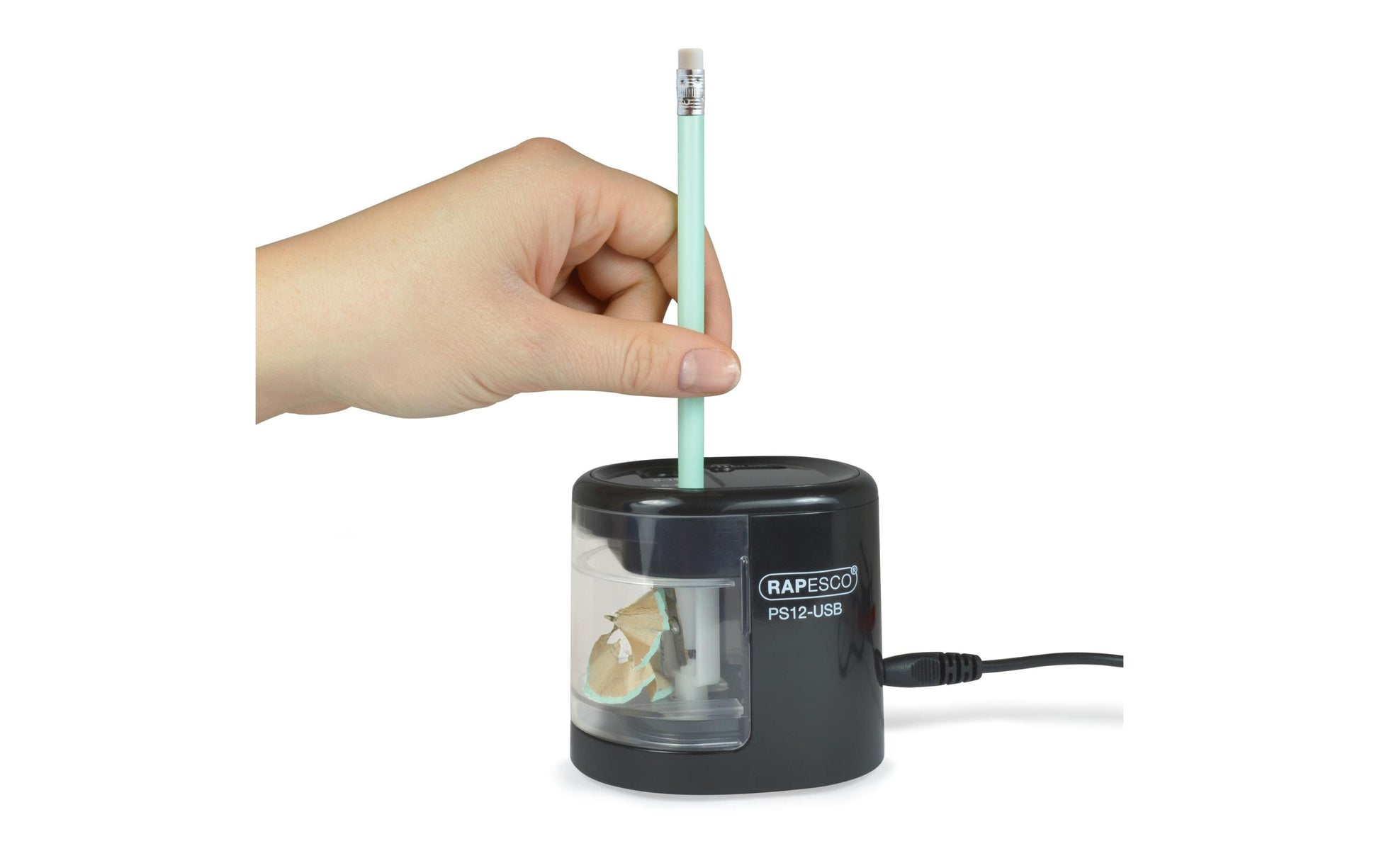 Rapesco RA-1449 Elektro-Spitzmaschine – für Ø 6–12 mm – USB/Batteriebetrieben (4×AA) – Kunststoff – Schwarz