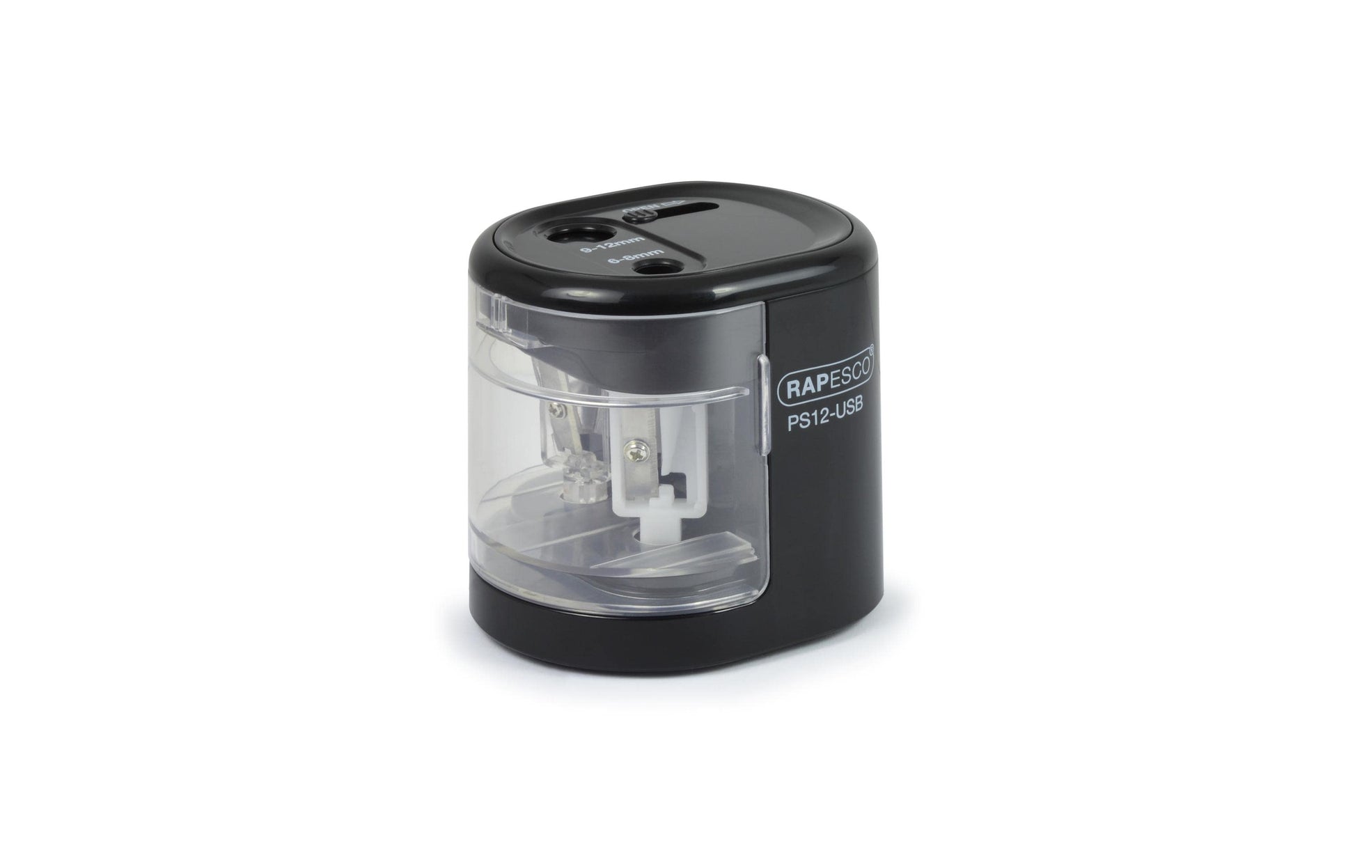 Rapesco RA-1449 Elektro-Spitzmaschine – für Ø 6–12 mm – USB/Batteriebetrieben (4×AA) – Kunststoff – Schwarz