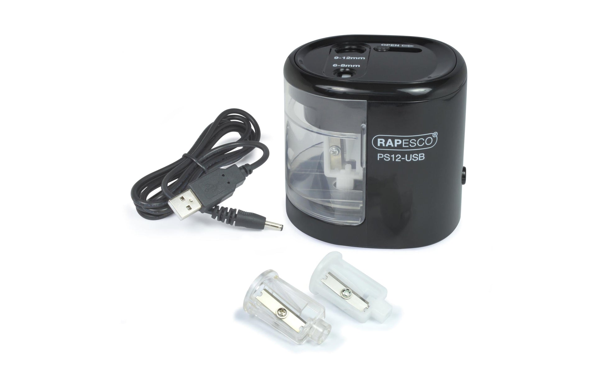 Rapesco RA-1449 Elektro-Spitzmaschine – für Ø 6–12 mm – USB/Batteriebetrieben (4×AA) – Kunststoff – Schwarz